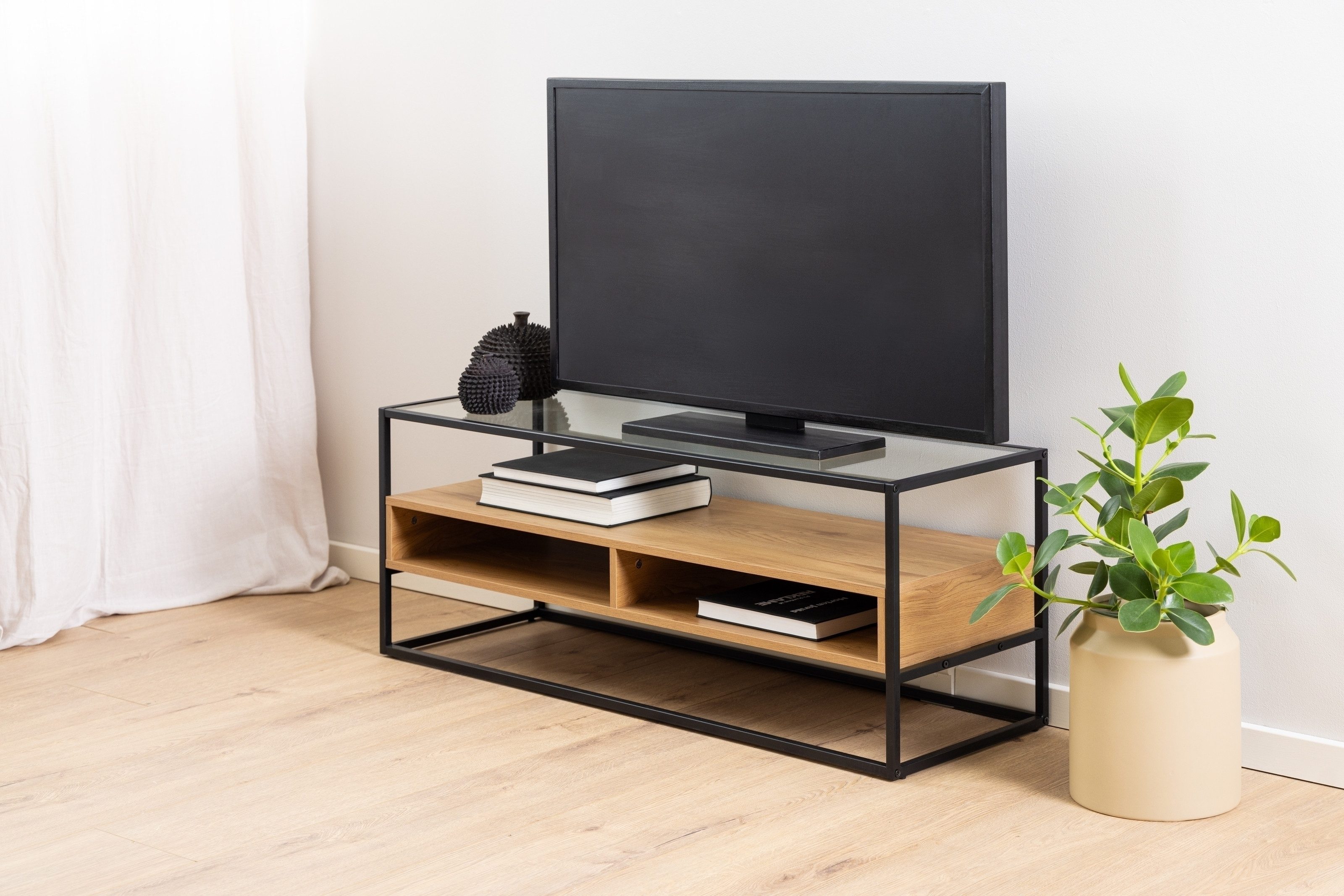 ACTONA GROUP TV-Regal in Wildeiche; schwarz, Glas, Stahl, MDF - 120x45x40cm (BxHxT)