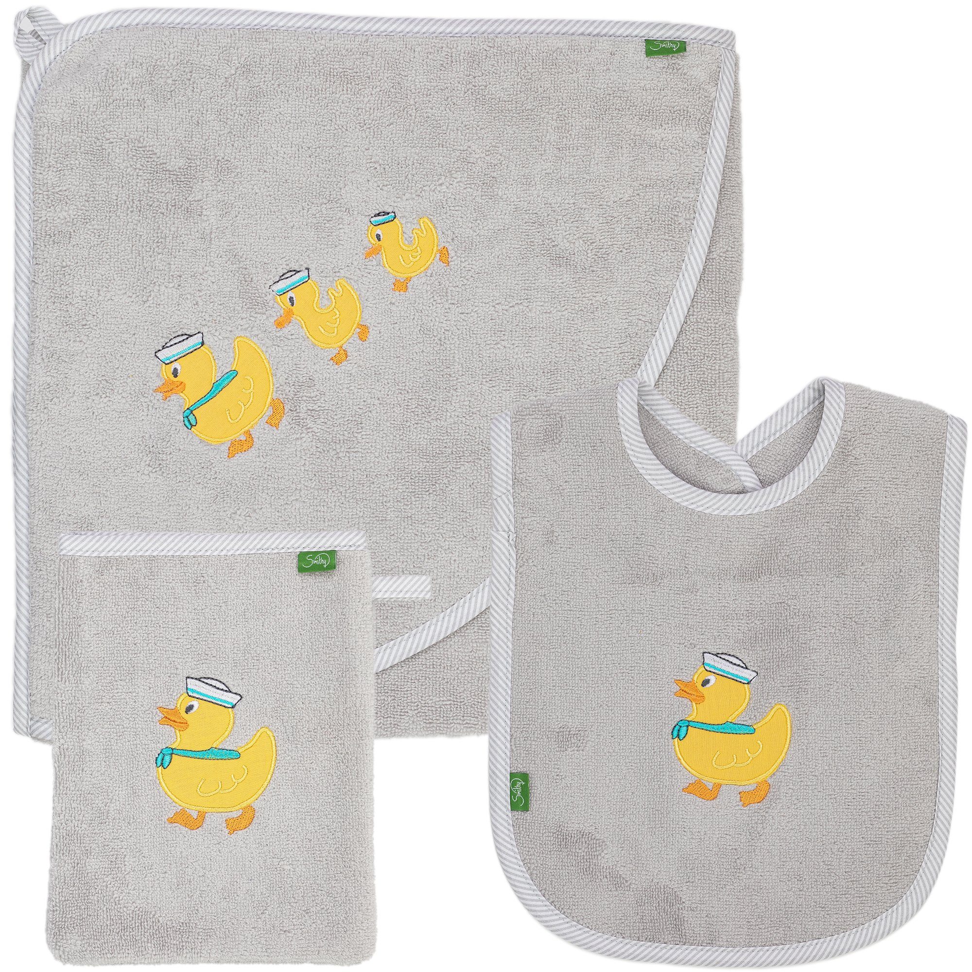 Smithy Handtuch Set 3-tlg. Ente mit Kapuzenhandtuch, Waschhandschuh, Lätzchen, Frottee, (Spar-Set, 3-tlg), Set aus Kapuzenhandtuch, Waschlappen und Lätzchen