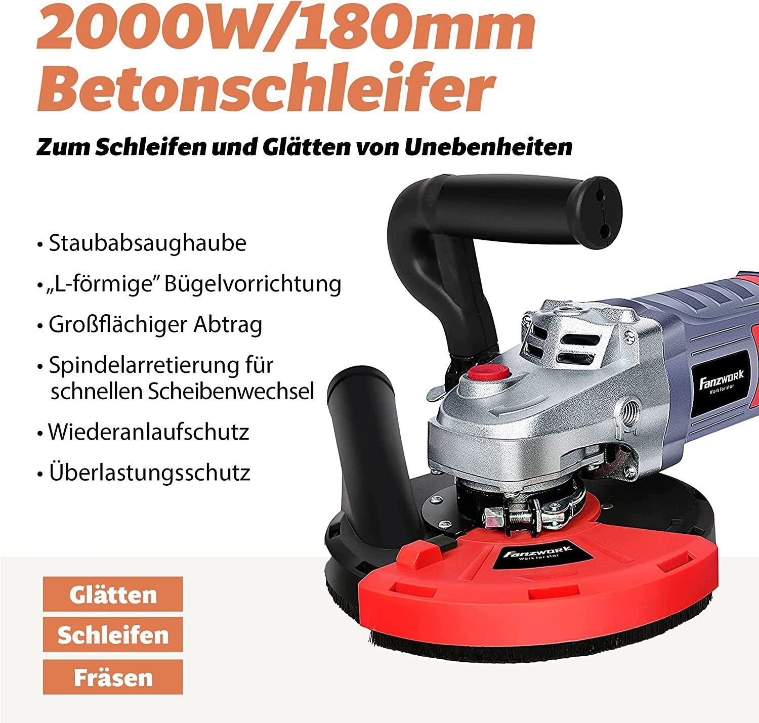 Fanzwork Winkelschleifer Betonschleifer Betonfräse 2000W Set mit 180mm Diam günstig online kaufen