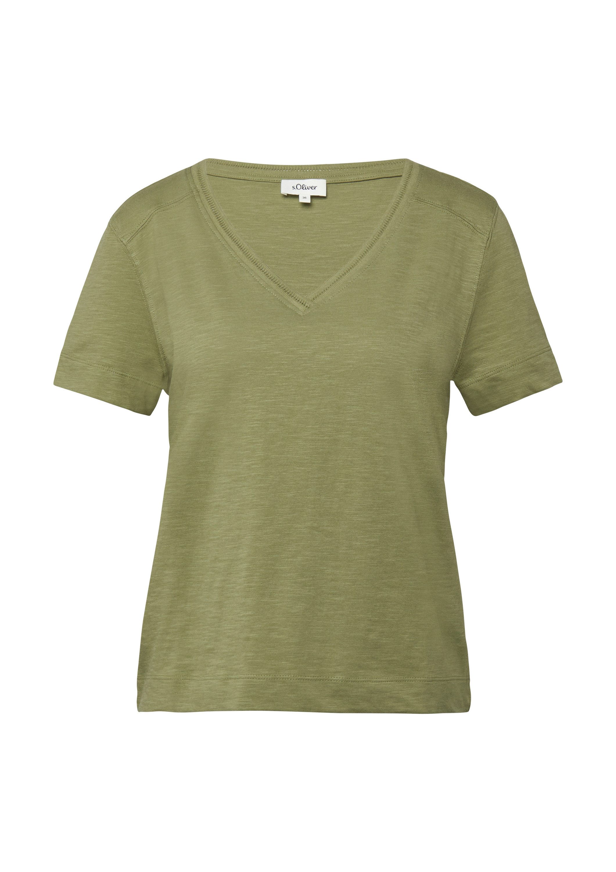 s.Oliver Kurzarmshirt T-Shirt Flammgarn-T-Shirt mit Ausschnitt-Detail