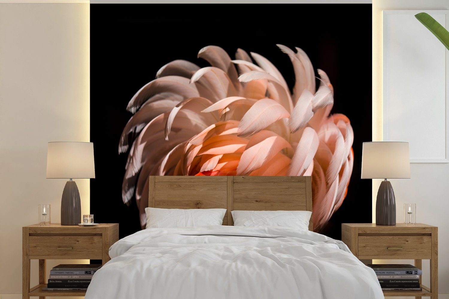 MuchoWow Fototapete Flamingo - Federn - Licht - Makro, Matt, bedruckt, (4 St), Vliestapete für Wohnzimmer Schlafzimmer Küche, Fototapete