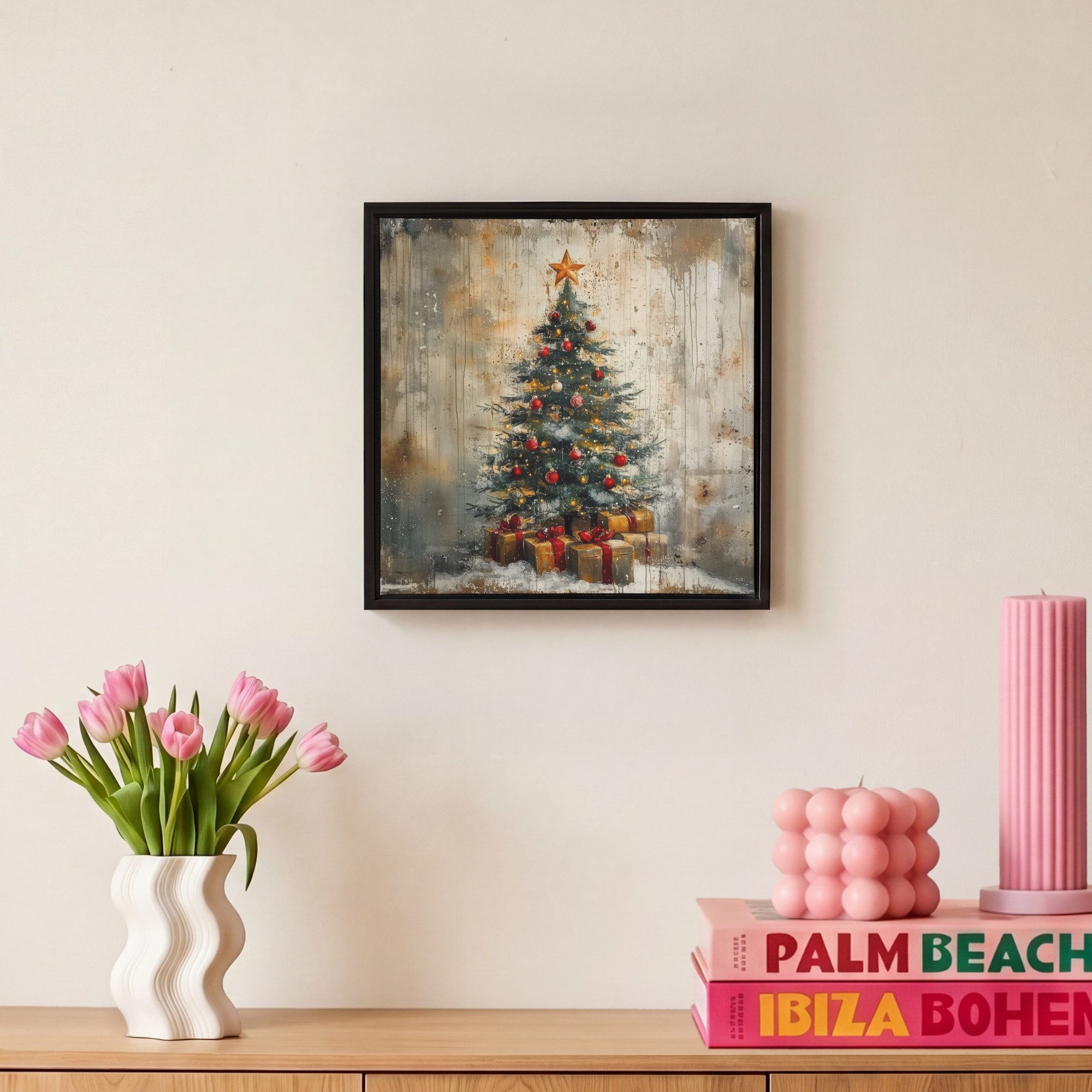 OneMillionCanvasses® Leinwandbild mit Rahmen - Weihnachtsbaum - Vintage - Weihnachten - Geschenk, Fotodruck (1 St), Leinwand Bilder Klein, Wand Dekoration Aesth – Bild 4 von 5
