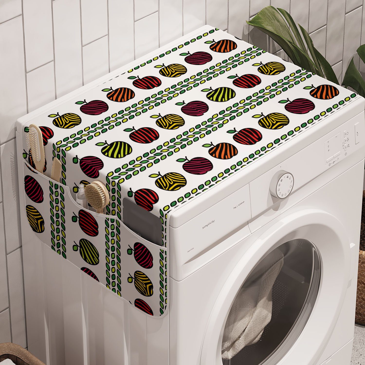 Abakuhaus Badorganizer Anti-Rutsch-Stoffabdeckung für Waschmaschine und Trockner, Äpfel Zebra Striped Früchte Blätter