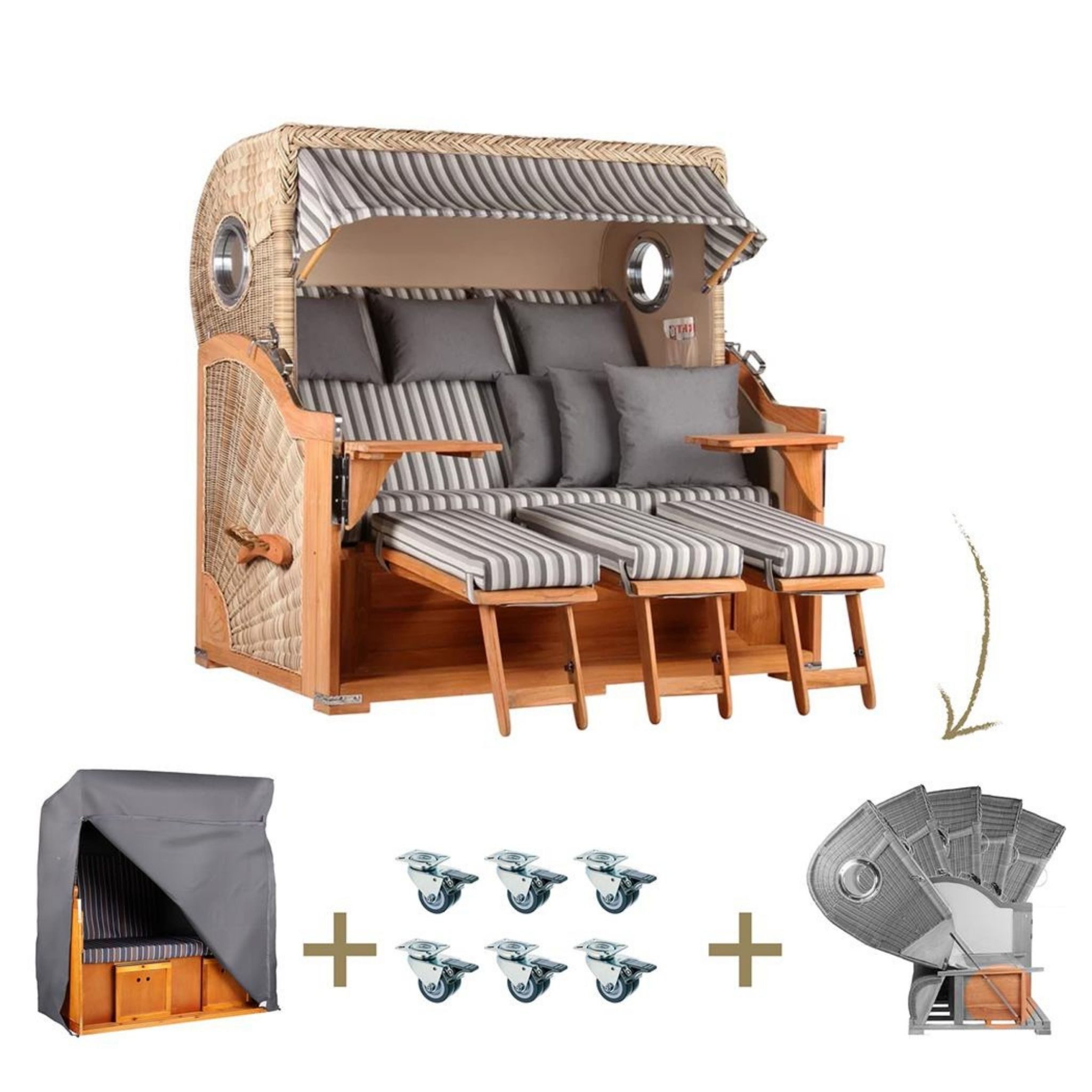 MR.DEKO Strandkorb XXL 3-Sitzer Teak Volllieger 170cm Bullauge, Gestreift, für 3 Personen, BxTxH: 0x0x0 cm, Volllieger, Baltikum XXL, (Luxus-Komplettset 4-tlg. inkl. Abdeckhaube, 4-tlg., Strandkorb inkl. Abdeckhaube, Rollen und Lifter-System), Wetterfestes Komplettset mit Rollen & Lifter, Fertig montiert
