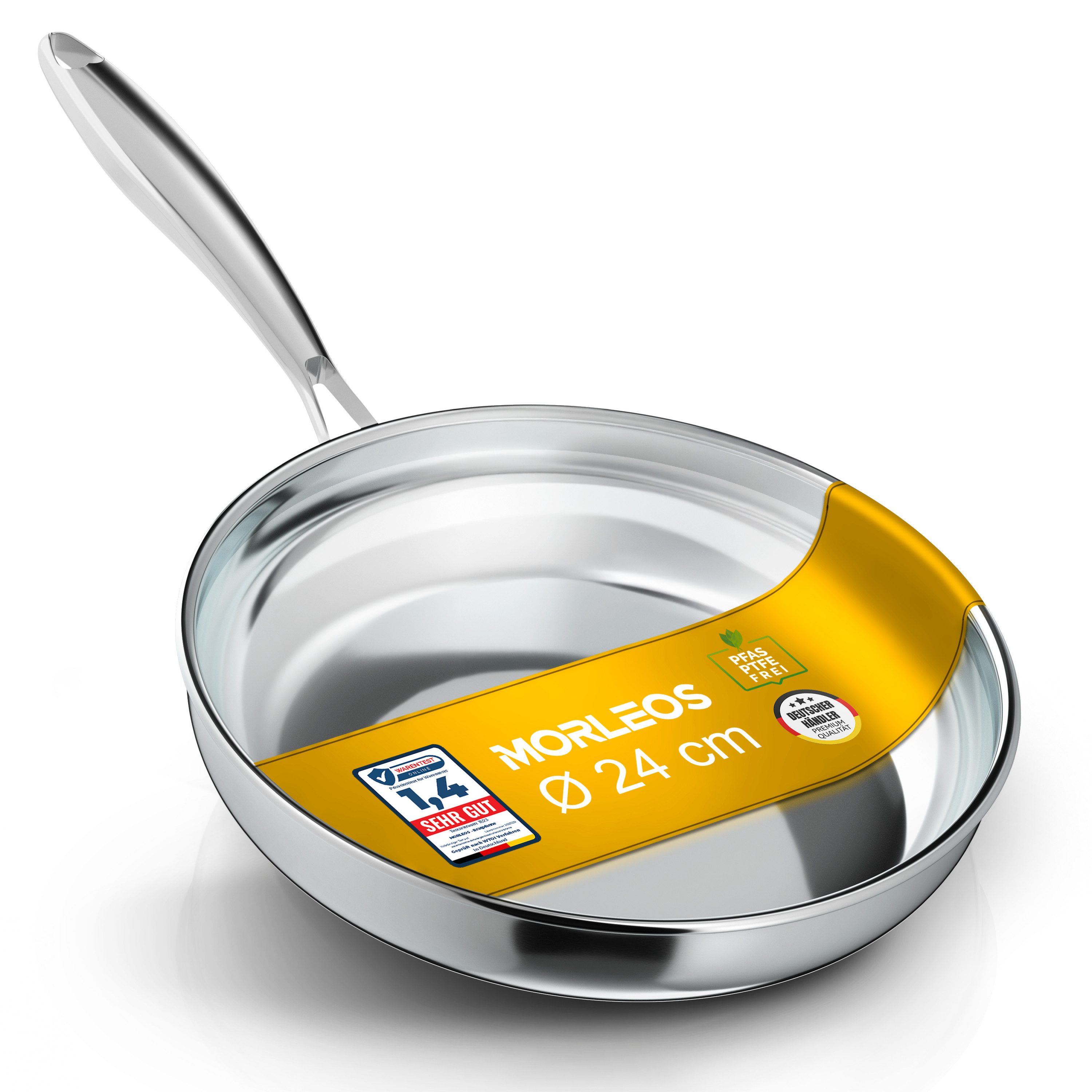 Morleos Bratpfanne Edelstahlpfanne 24cm Unbeschichtet 5-Schicht - 3mm -1 kg, Edelstahl (1-tlg., Xsteel), 5-Schicht, 3mm, 1kg, backofenfest, spülmaschinenfest, bis 400°C