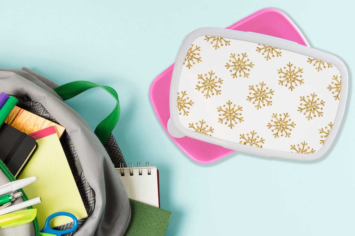 Erwachsene, Kunststoff, - Brotbox Gold rosa Kunststoff - - MuchoWow Snackbox, Brotdose Weihnachten (2-tlg), für Mädchen, Kinder, Lunchbox Design, - Schneeflocke Glitter