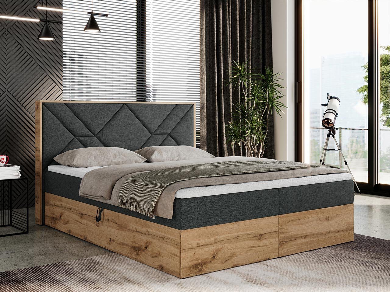 MKS MÖBEL Boxspringbett GUNAR, Doppelbett, Multipocket-Matratze und Topper, Eiche Holzrahmen