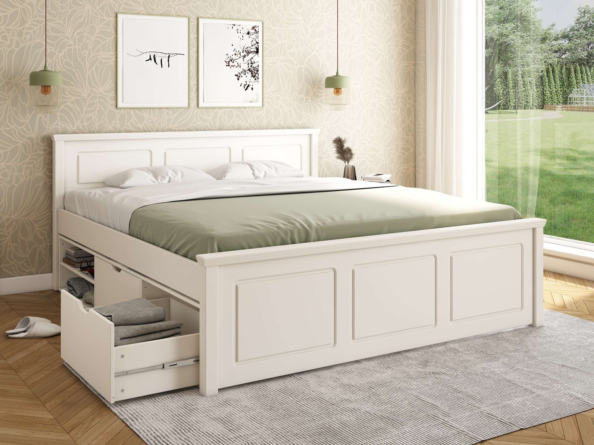 OTTO home Stauraumbett SVEA – Landhausstil, Massivholz-Kiefer & Lattenrost inklusive (Liegefläche 180x200cm+ 140x200cm), 2 Schubladen + offene Fächer, FSC® zertifiziert, Made in Europe