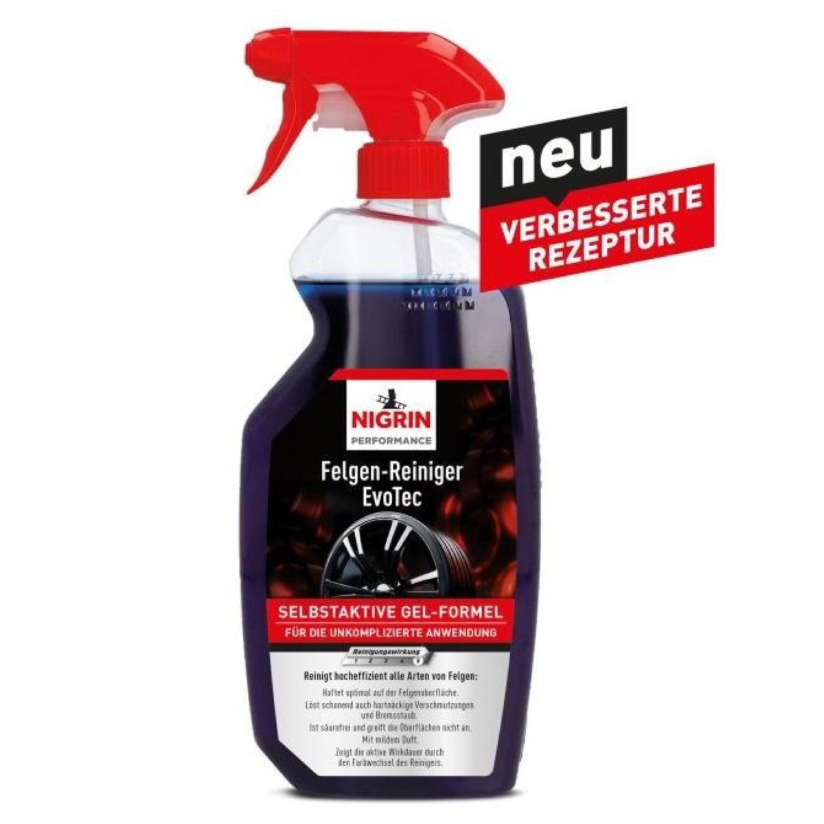 NIGRIN EvoTec Felgen-Reiniger 750ml selbstaktiv Reinigung Felgenreiniger (1-St. 1x Felgen-Reiniger 750ml Gelformel selbstaktiv Reinigung Spray Pflege Alufelgen RDKS-geeignet)