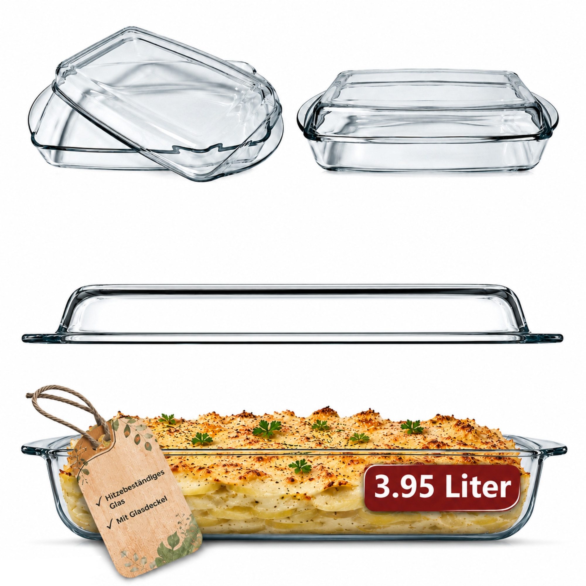 BigDean Auflaufform Rechteckige Glas-Auflaufform mit Deckel & Griffen Glasbräter, Glas, (2-St), 3,95l, Geruchs- und geschmacksneutral, Temperaturbeständig, Kratzfest