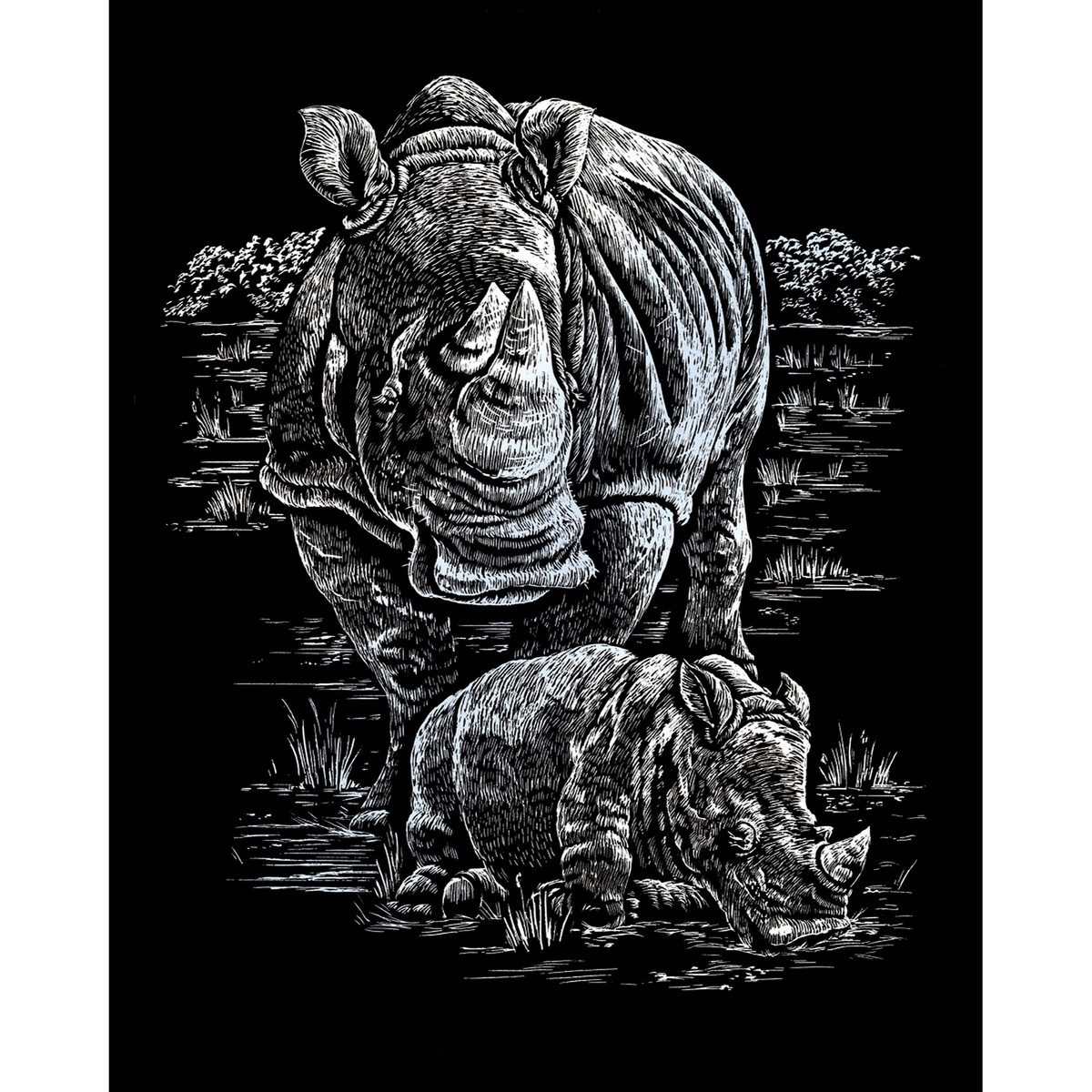 Pracht Bild PRACHT Kratzbild Nashorn & Babys silber 20x25cm