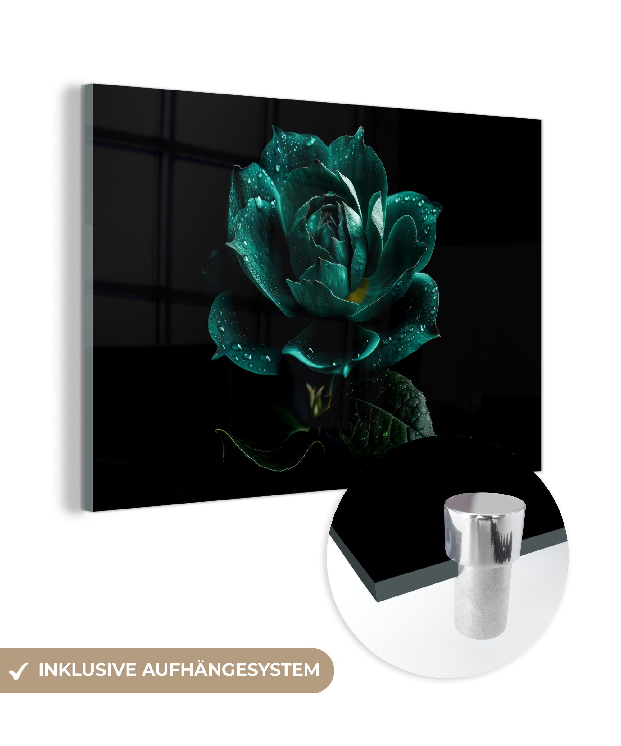 MuchoWow Acrylglasbild Blumen - Rosen - Blau - Porträt - Schwarz, (1 St), Glasbilder - Bilder auf Glas Wandbild - Foto auf Glas - Wanddekoration