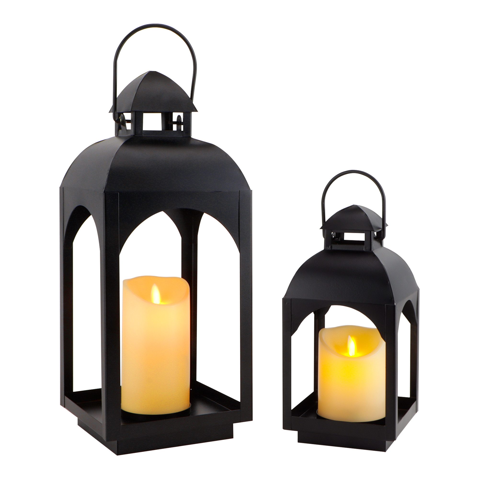 JHY DESIGN LED Laterne 2er Set LED Laternen Schwarz mit Timer, Metall Windlichter, mit Batteriebetriebenen Kerzen, für Innen & Geschützte Außenbereiche