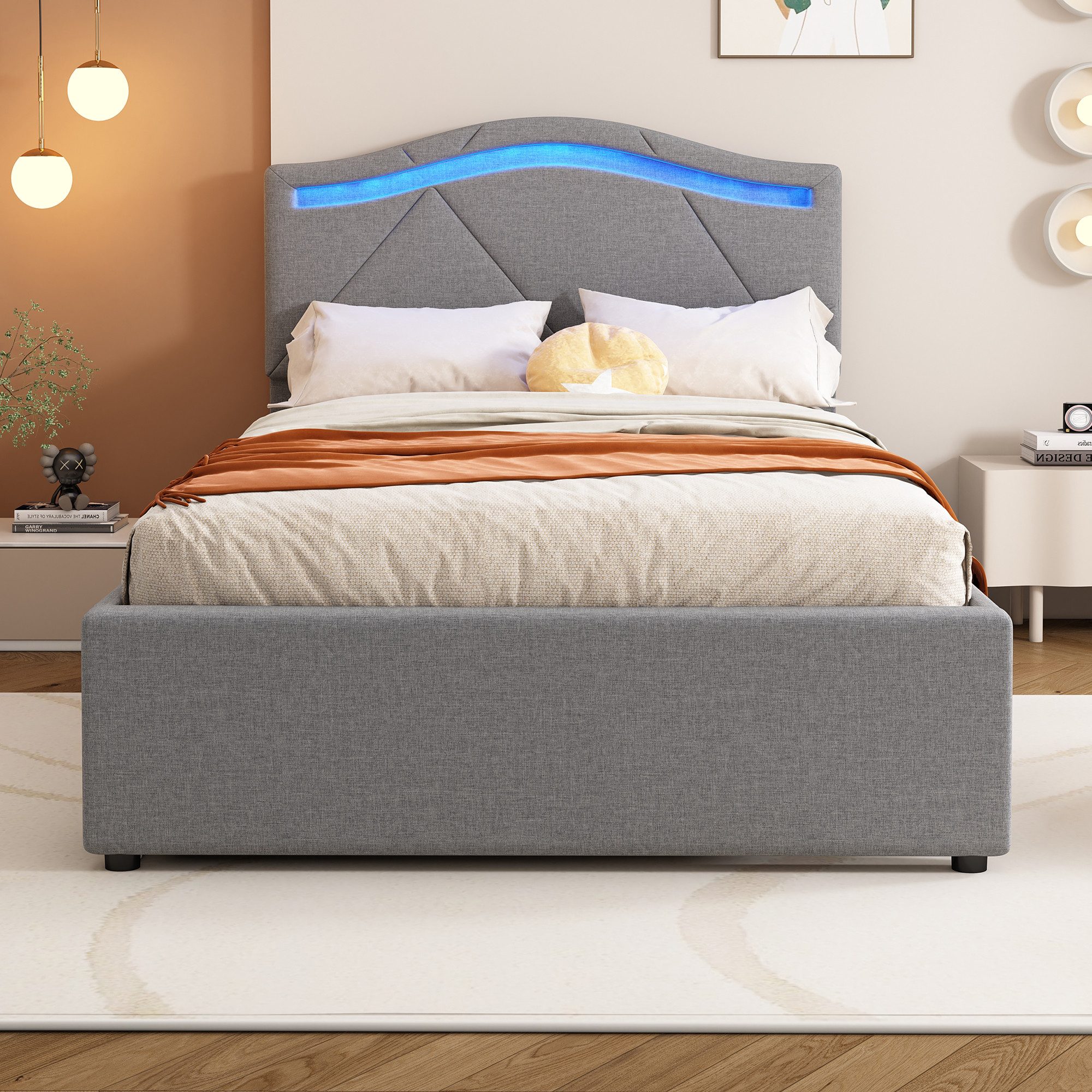Flieks Polsterbett, LED Einzelbett 90x200cm mit 2 Schubladen und verstellbarem Kopfteil