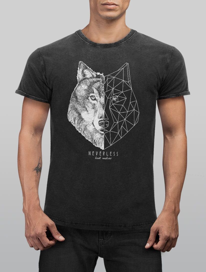 Neverless® Print Look Herren Used Printshirt schwarz Wolf Print-Shirt Neverless Shirt Aufdruck Vintage Kunst Tiermotiv Grafik mit Polygon T-Shirt