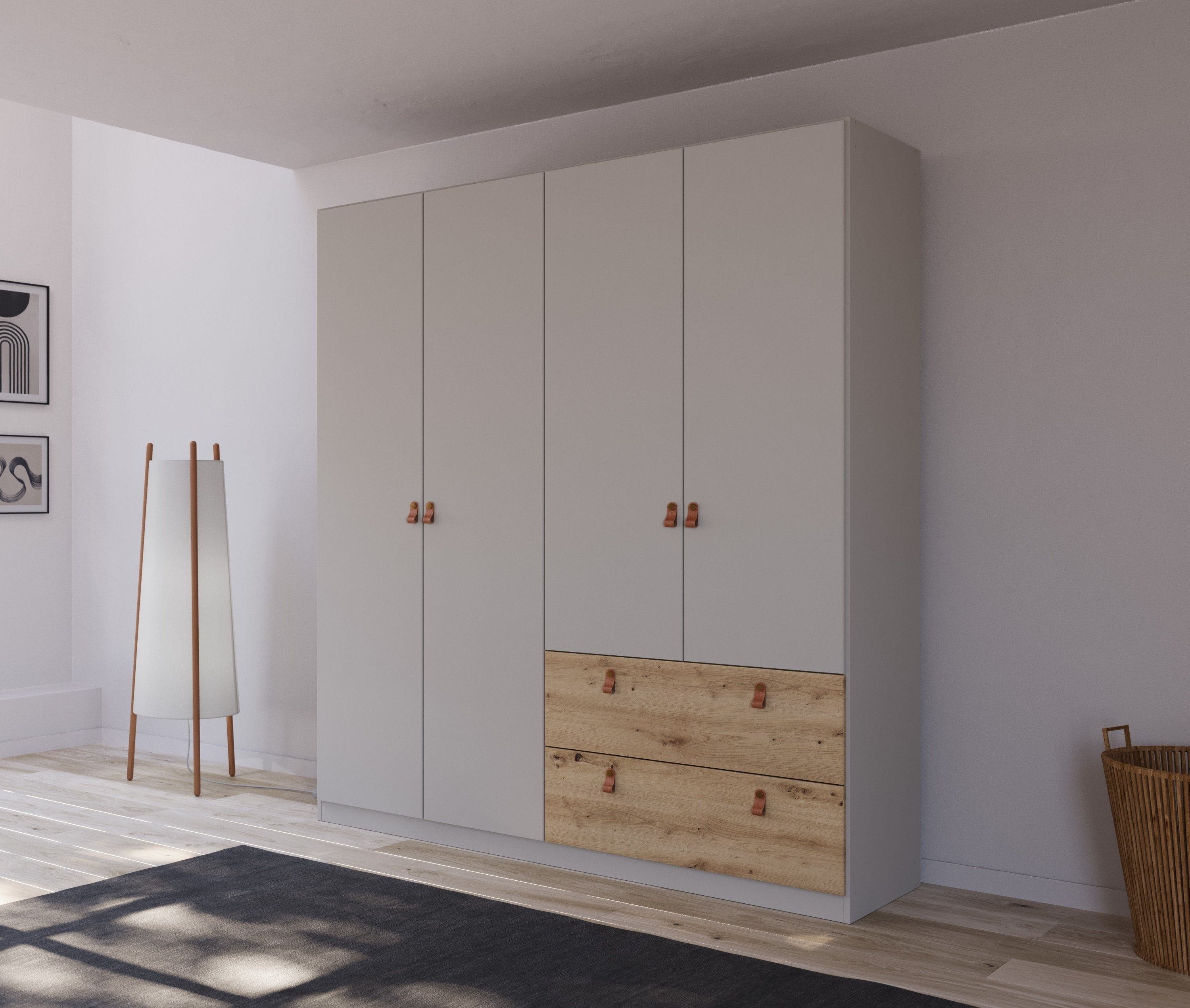 rauch Drehtürenschrank Kleiderschrank Schrank Garderobe Ankleide HOMEY BY QUADRA SPIN (Breiten: 181/226/271 cm, Höhe 210 cm) mit cognacbraunen Ledergrifflaschen, Schubladen in Eichen-Dekor