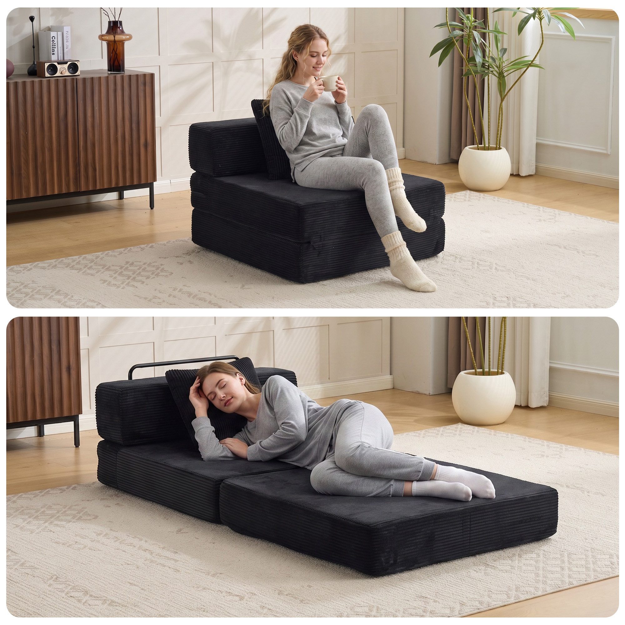 Vankel Loungebett Sofas Wohnzimmer, Sessel mit Schlaffunktion aus Cord faltbar, 1-Sitzer Schlafsessel, platzsparend, bequem und ohne Montage