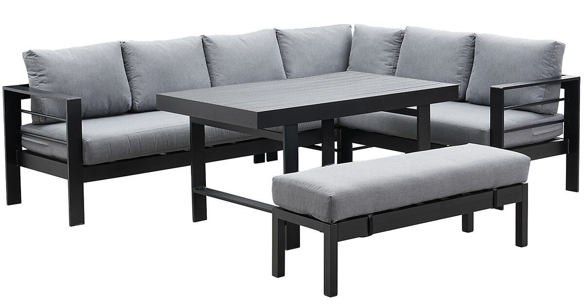 MeXo Gartenlounge-Set XXL Gartenmöbel Set Aluminium für 6-8 Personen, (Dining Loungeset Outdoor, 5-tlg., mit 12 cm dicken Sitzkissen, pflegeleichte Polywood-Tischplatte), wetterfeste Ecklounge mit Esstisch