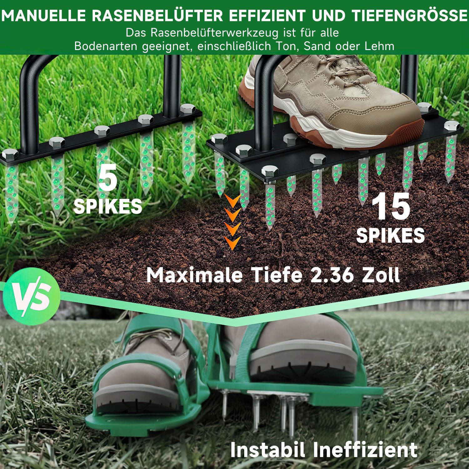 SURFOU Vertikutierer Rasenlüfter Aerifizierer für Rase Belüften Lawn Aerator 2-in-1, (Rasenbelüfter Vertikutierer 15 Spikes Belüften mit Gartenwerkzeuge), T-Griff Rasenspecht Handvertikutierer Verdichtete Böden Rasenpflege