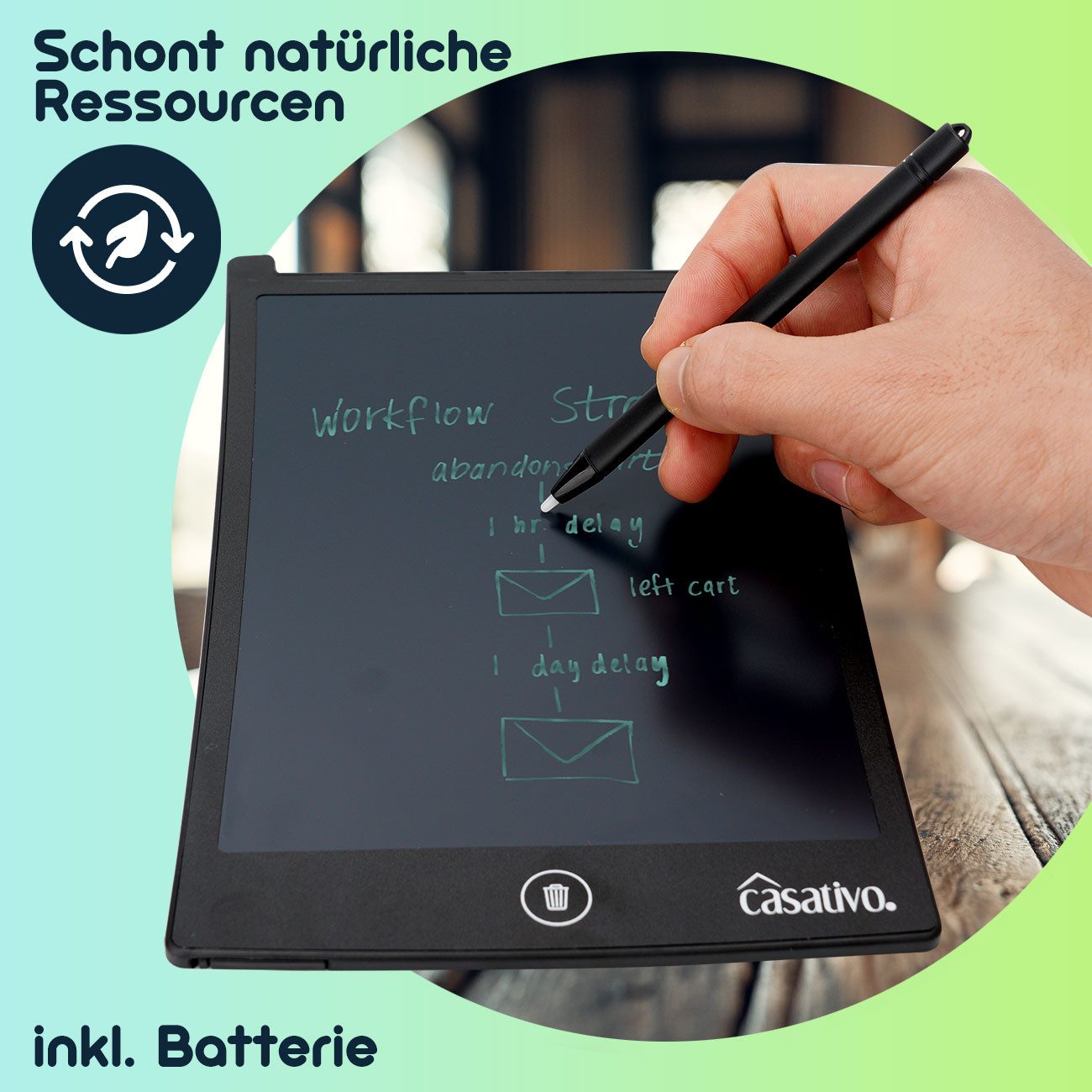Casativo Zaubertafel LCD Schreibtafel 21,5cm Elektronisches Notiz-&Zeichentablett mit Stift, 8,5" LCD-Display, grün schreibend, inkl. Touch-Stift & CR2016 Batte – Bild 3 von 5