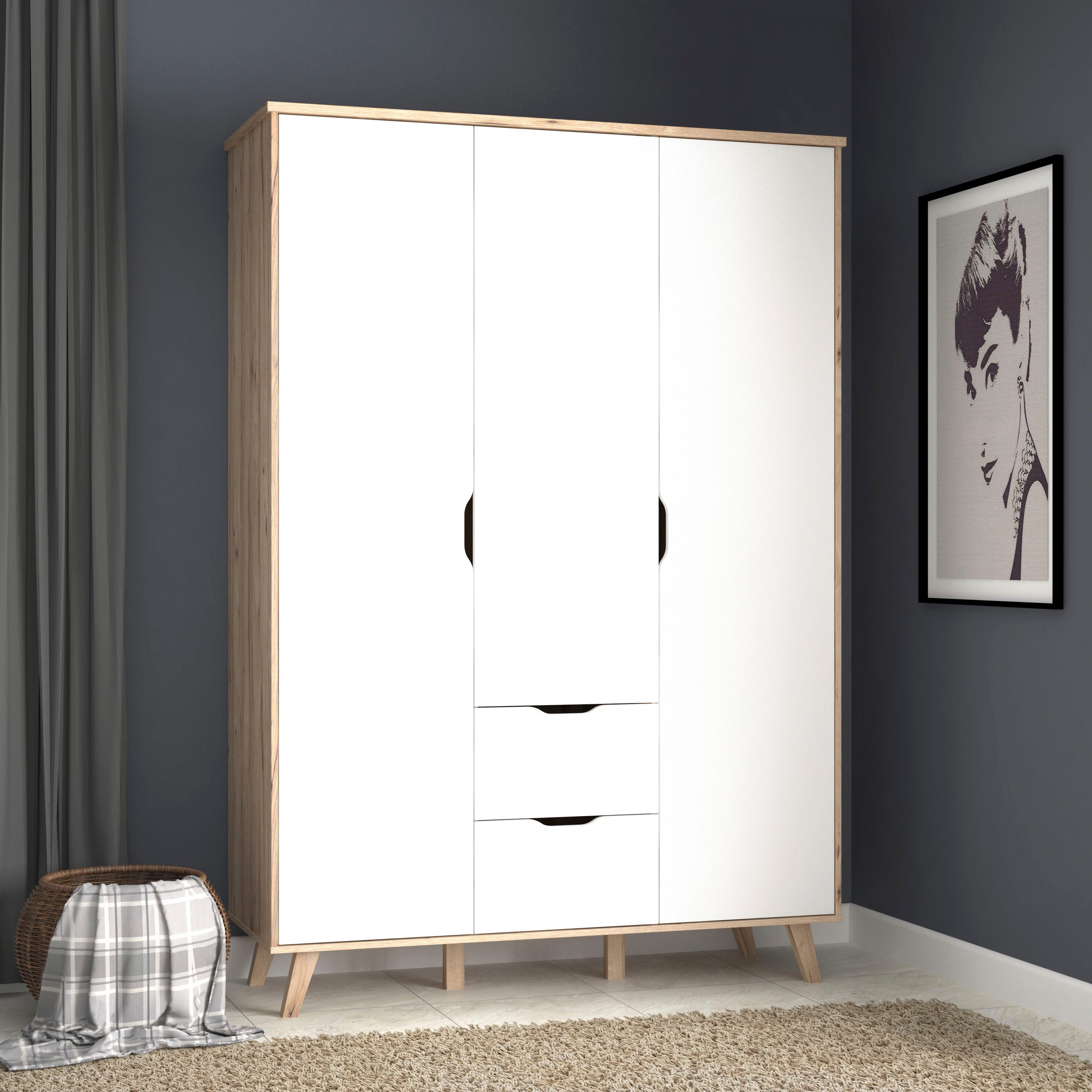FORTE Drehtürenschrank Vankka skandinavischer-Stil, viel Stauraum, ohne Griffe (B/H/T ca.140x200x52cm) Made in Europe,mit Einlegeböden+Kleiderstange+Schubladen, – Bild 2 von 5