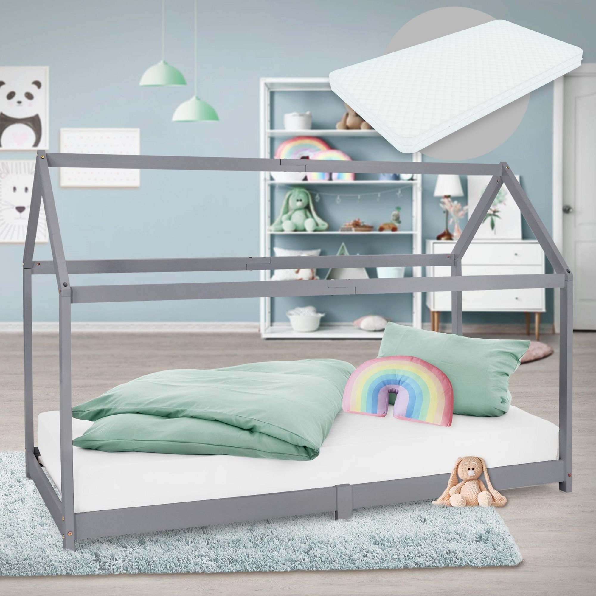 ML-DESIGN Kinderbett Kinderbett mit Dach und Lattenrost inkl. Matratze 90x200 cm Hellgrau | Jugendbetten