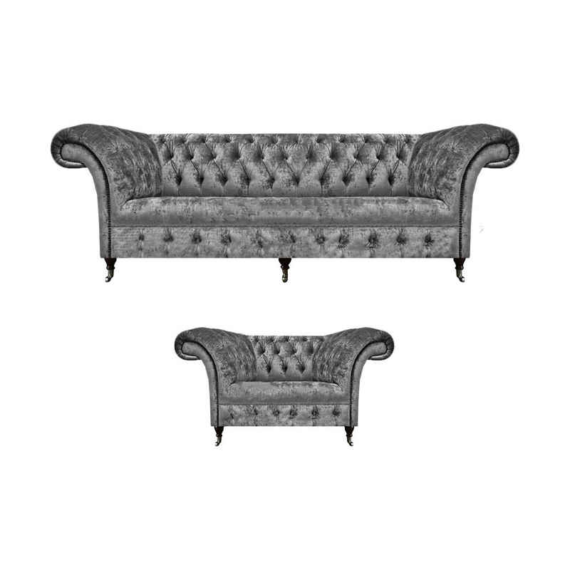 JVmoebel Chesterfield-Sofa Chesterfield Grau Sofa Dreisitze Couch Wohnzimmer Sessel Polstermöbel, 2 Teile, Made in Europa
