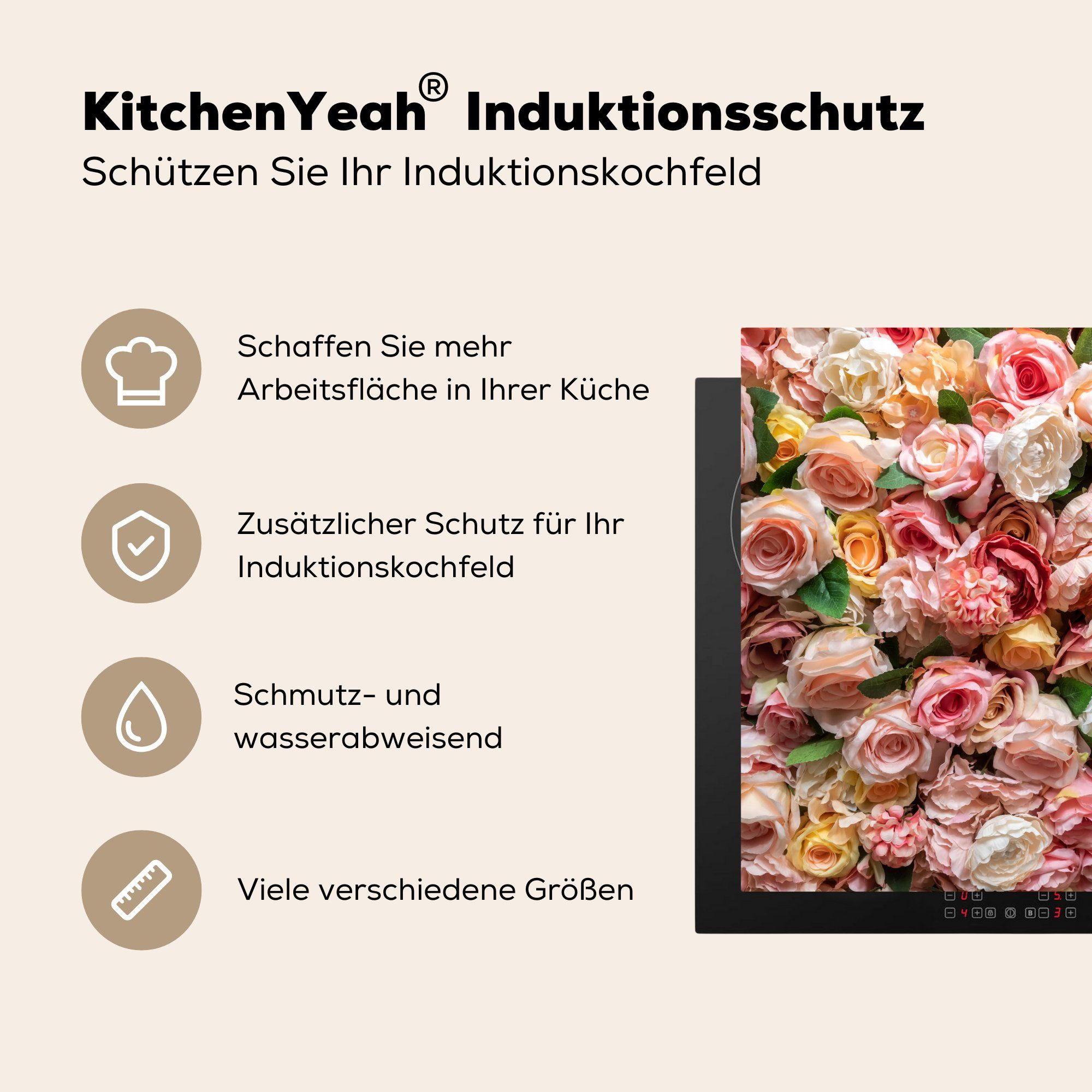 MuchoWow Farben Ceranfeldabdeckung, Vinyl, küche - 78x78 - Arbeitsplatte tlg), cm, für (1 Herdblende-/Abdeckplatte Wand, Rosen