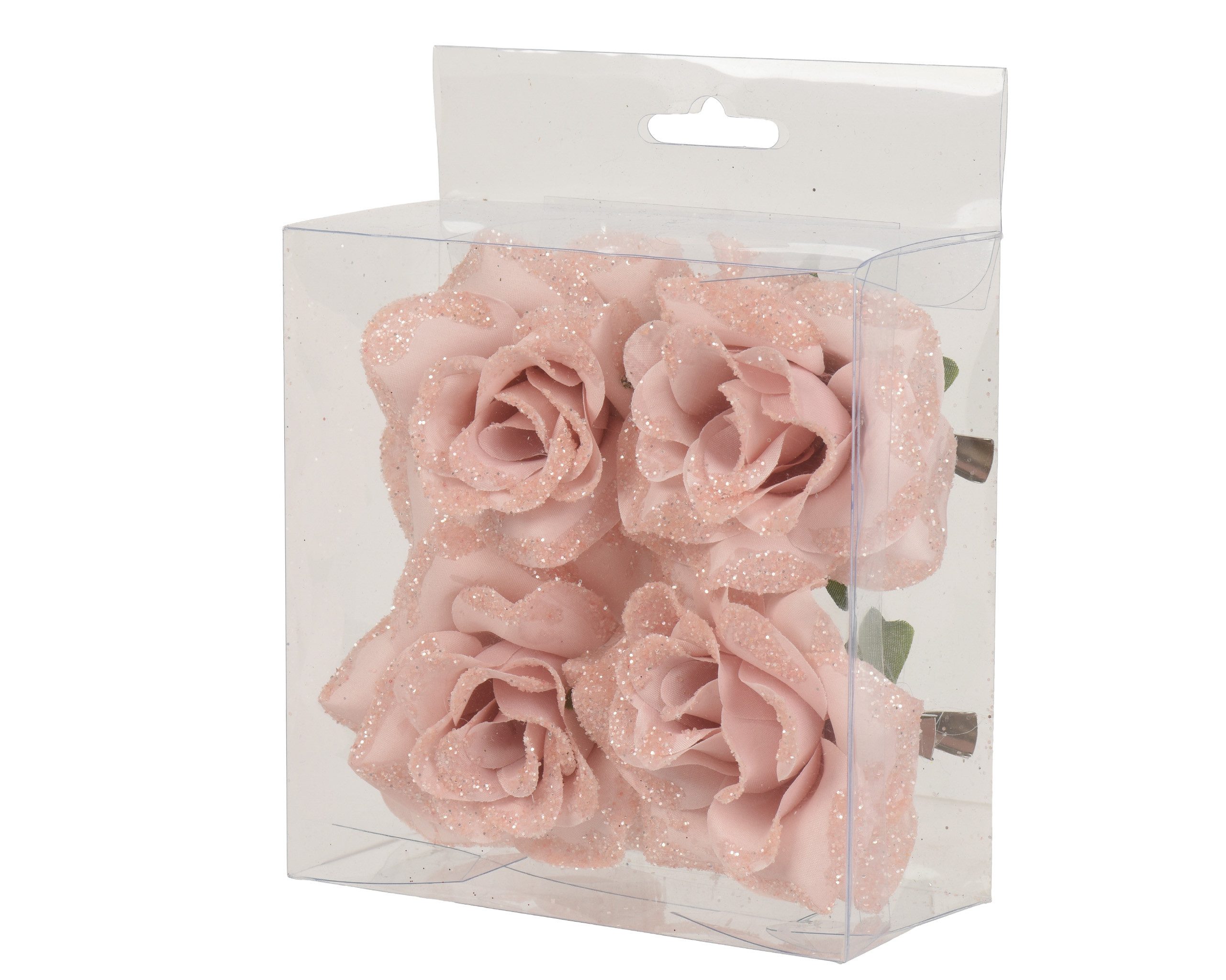 Kaemingk Weihnachtsbaumklammer, Kunstblumen Rose auf Clip 8cm mit Glitzer 4er Set Rosa