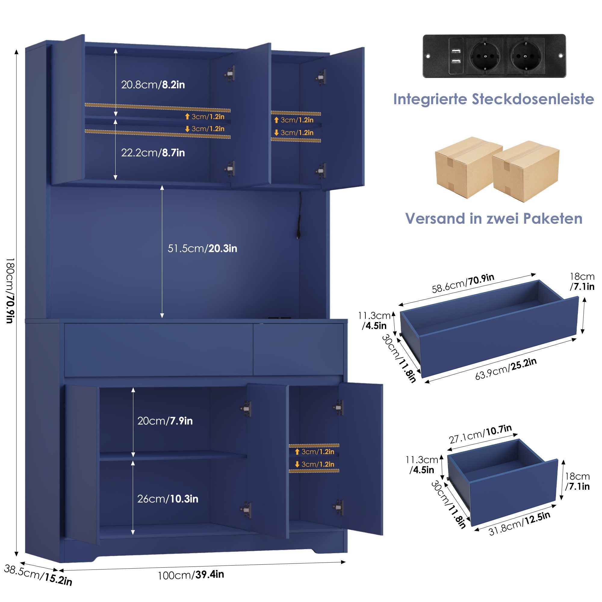 Homfa Küchenbuffet Küchenschrank mit LED Buffetschrank mit Steckdosen Hochschrank mit Arbeitsplatte, 6 Türen und Schubladen