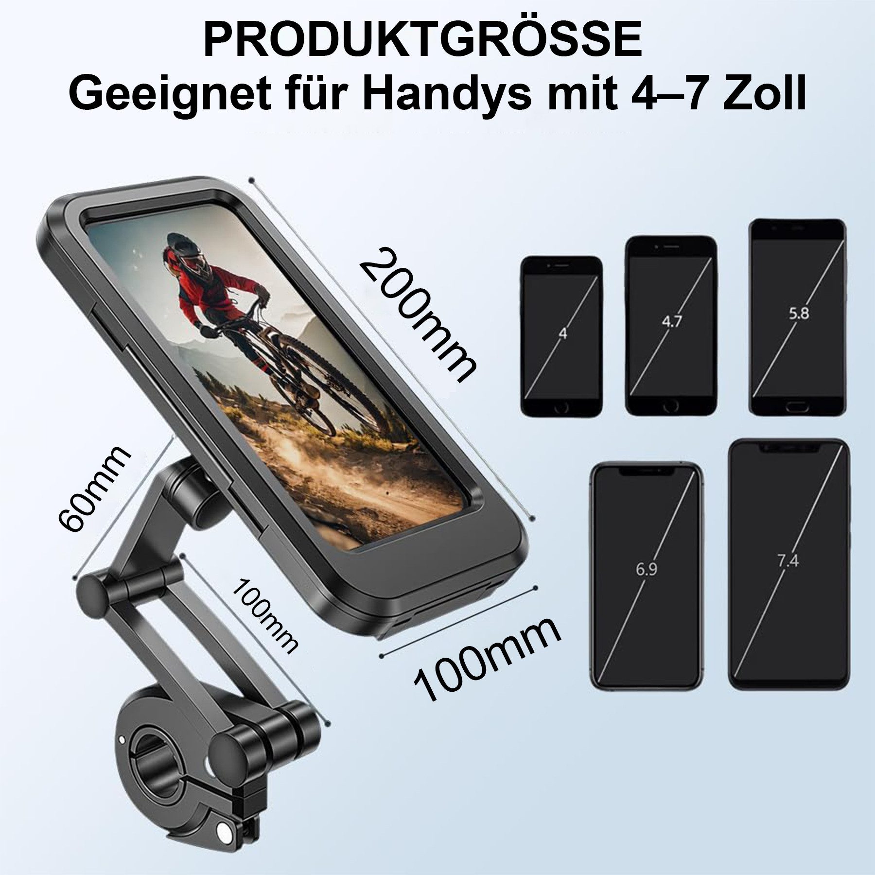 Mutig Handy-Halterung wasserdichte Motorrad Telefon Halterung Fahrrad Telefonhalterung, (bis 7 Zoll, 360 ° drehbare Rollerhalterung mit 3-Achsen und Kugelkopf, Universal-Lenkerinstallation, empfindlicher Touchscreen, Universal Fahrrad Handyhalterung für 4,7"-6,9" Smartphones)