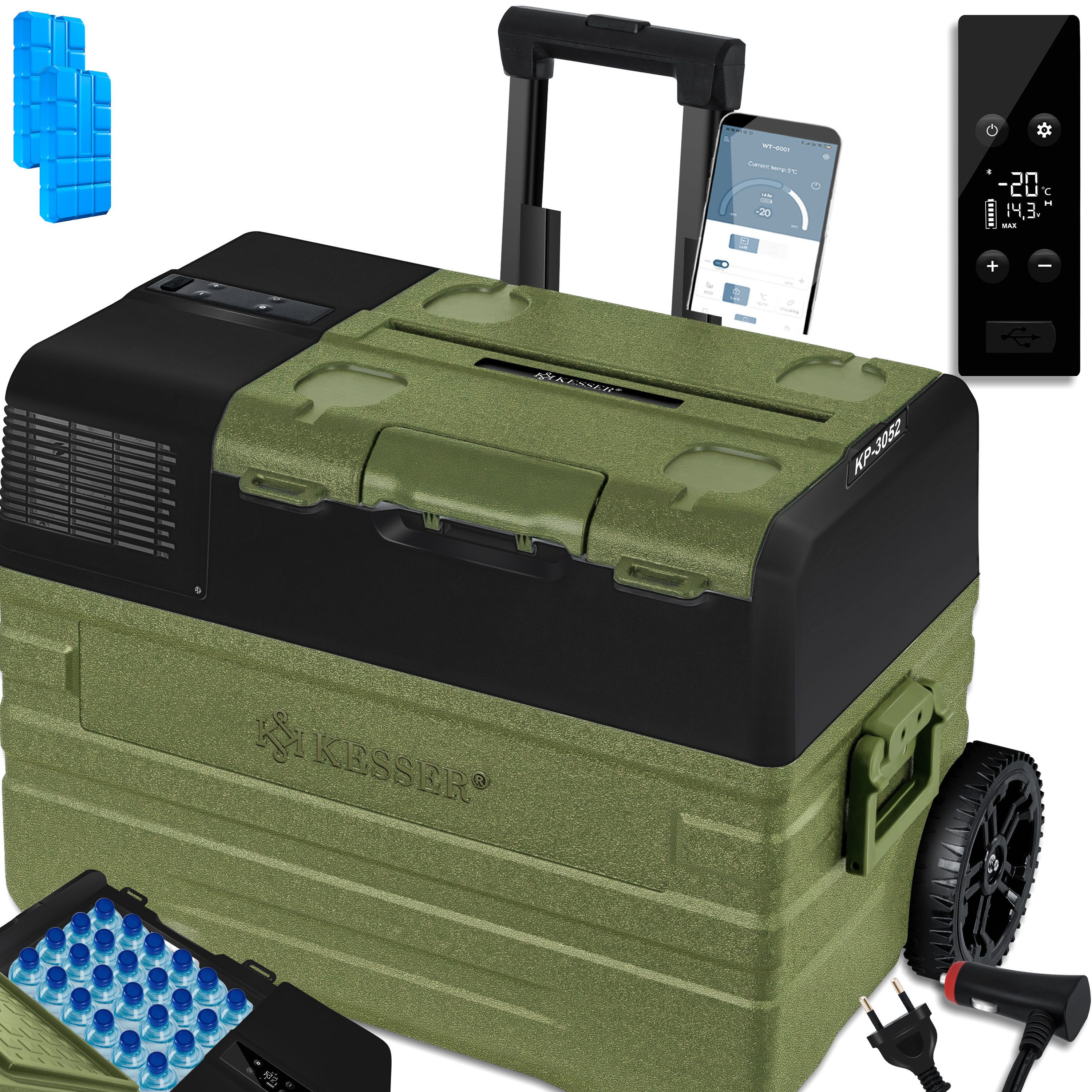 KESSER Kühlbox Kompressor Kühlbox elektrisch Gefrierbox APP-Steuerung USB-Anschluss, 52 l, 12/24 V 230V, +Teleskopstange, 2x Kühlbox Räder Kühlschrank -20 °C