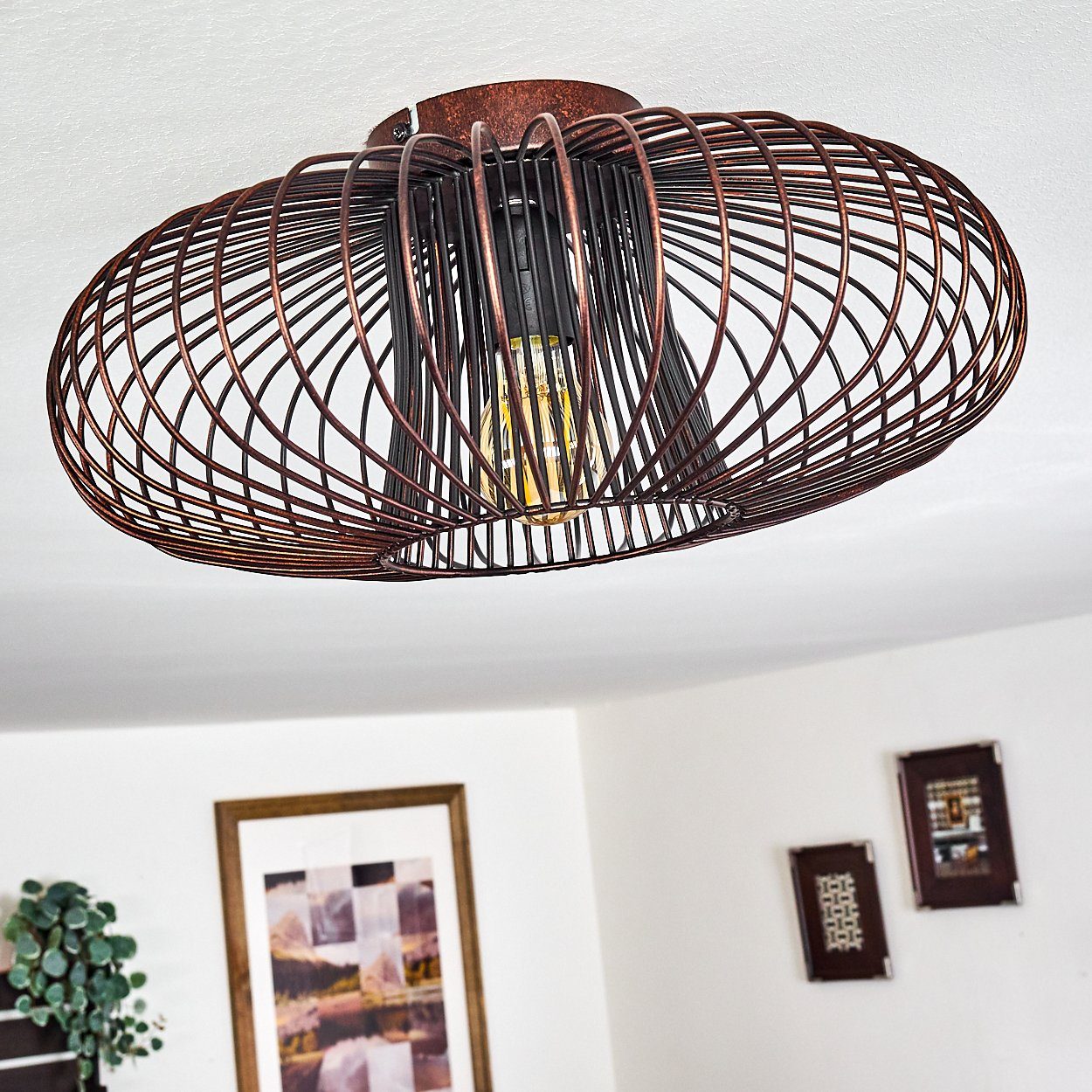 hofstein Deckenleuchte »Pieris« runde Deckenlampe aus Metall in Schwarz/Kupfer, ohne Leuchtmittel, E27, Retro-Leuchte mit Lichteffekt durch Gitter-Optik