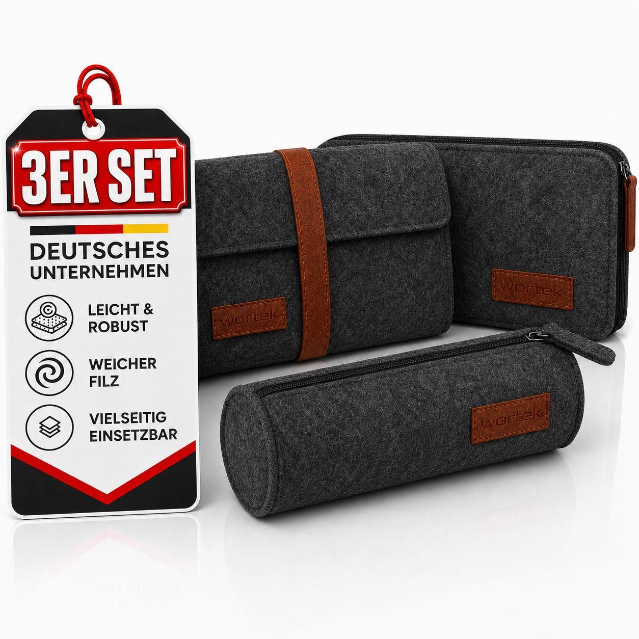 wortek Federmäppchen Filz Federmäppchen, 3fach, 1x Federmappe Mäppchen, 1x Schlampermäppche, (Set, 3-teilig), Filztaschen Etui Mäppchen für Schule & Büro