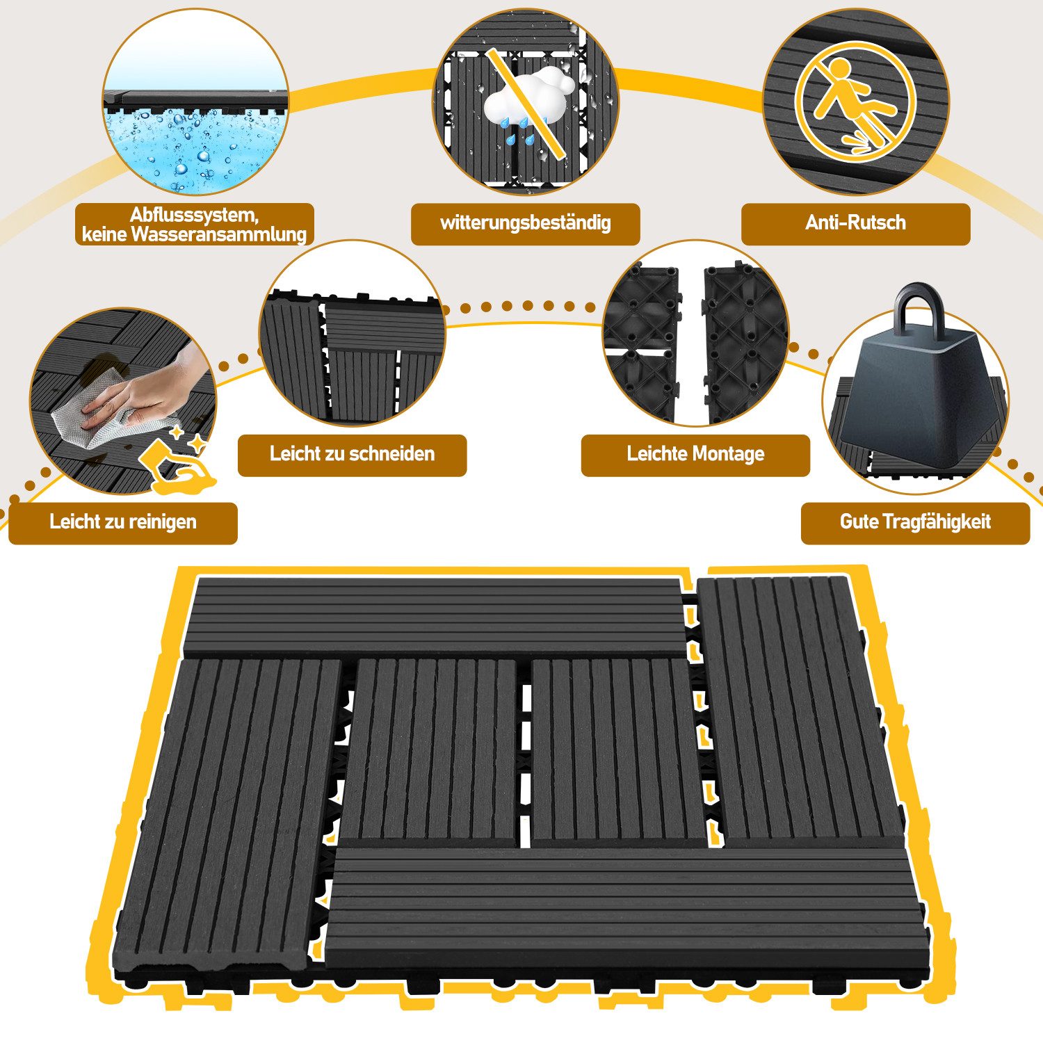 Clanmacy Holzfliesen Terrassenplatte Balkonfliesen mit Drainage und Klicksystem für Garten, 11 St., Größe: 30x30cm (LxB), Farbe: Anthrazit/Braun