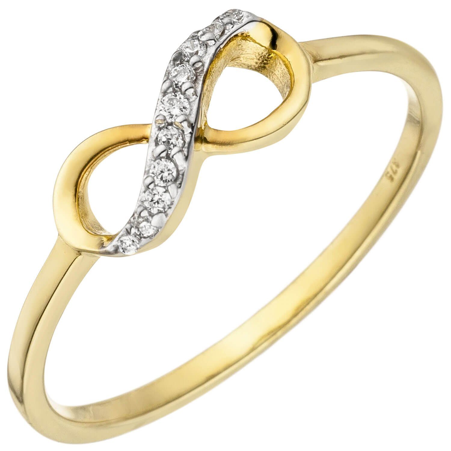 Unendlichkeit Gold Fingerring weißen Schmuck Damenring Zirkonia, mit Krone Gelbgold, 375 Ring 375 Infinity 8 Gold