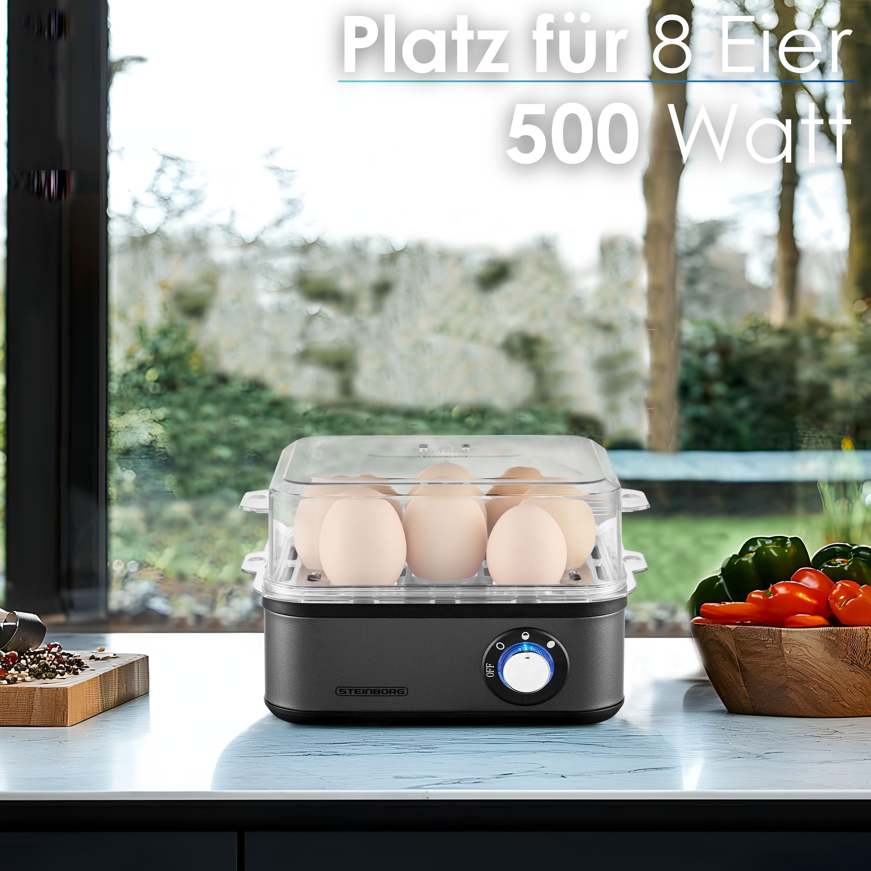 STEINBORG Eierkocher SB-2630, Anzahl Eier: 8 St., 500 W, Dampfauslass im Deckel, transparenter Deckel