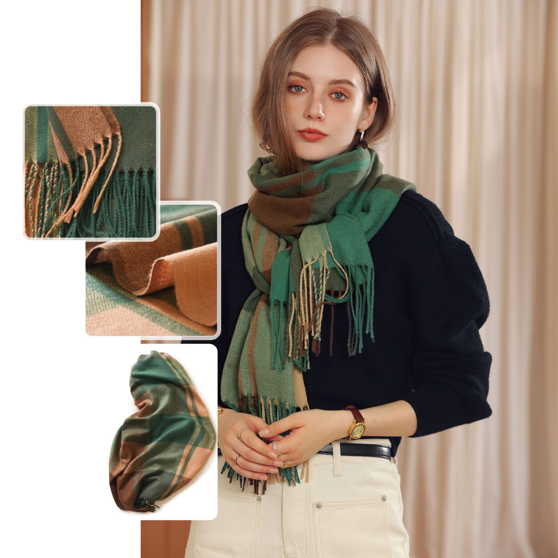 Mutig Wollschal Damen Winter Senior Plaid Kaschmir Schal,übergroßer185*65cm Schal, (Tartan Schultertuch Mit Quasten,Warmer Oversized Poncho,Mischfarbe, Winter Geschenke für Mama, Freundin oder Schwester,Weihnachtsgeschenk), Aus 100 % Kaschmir-Imitat gefertigt, weich, Elegantes Karomuster