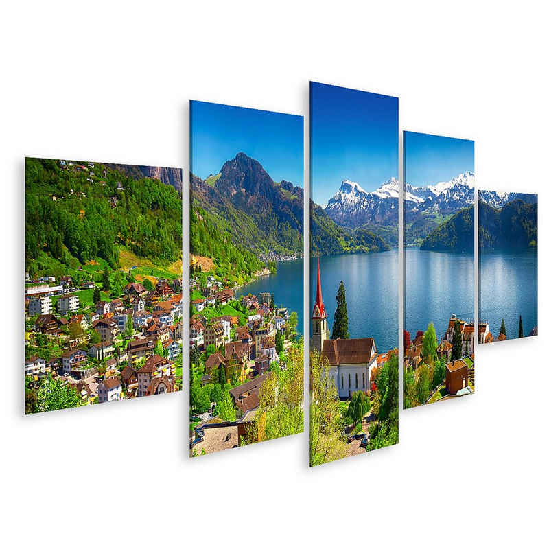islandburner Leinwandbild Bild auf Leinwand Dorf Weggis Vierwaldstättersee Umgeben Von Schweizer Alpen Panorama Wandbild Poster Kunstdruck Bilder 170x80cm 5