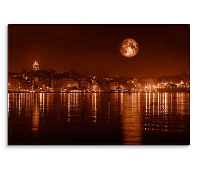 Sinus Art Leinwandbild 120x80cm Wandbild Istanbul Bosporus Galataturm und -brücke Nacht Mond