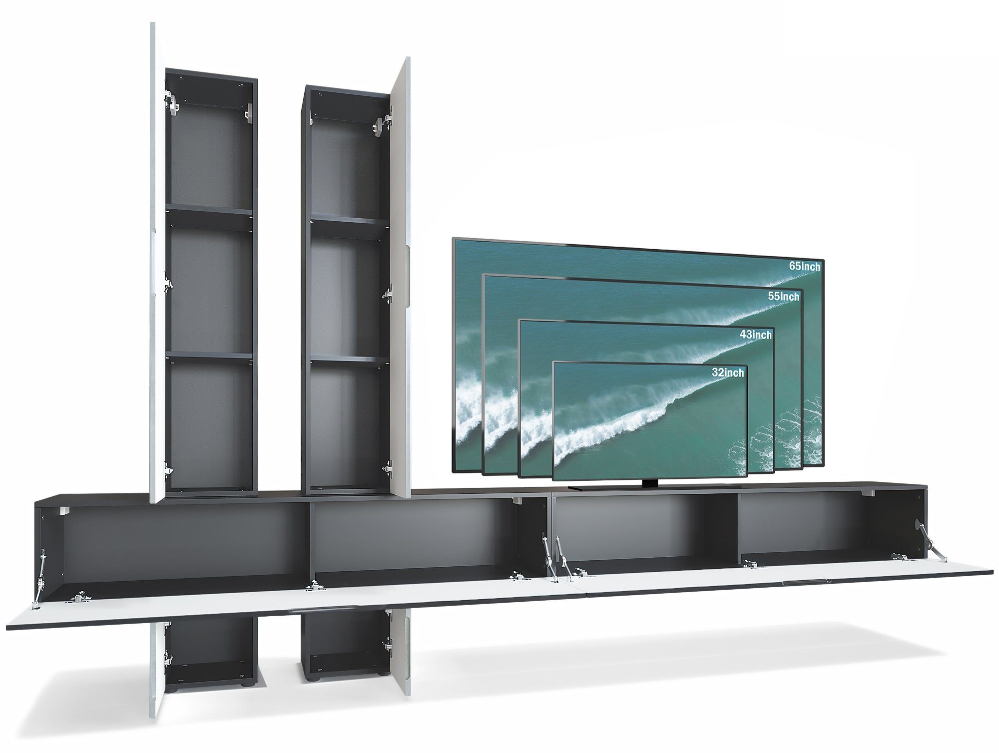 Vladon Wohnwand Moja, (Anbauwand, mit Rückwand mit 4 Türen und 2 Klappen), Schwarz matt/Schwarz Hochglanz und Brombeer Hochglanz (330x204x39 cm)