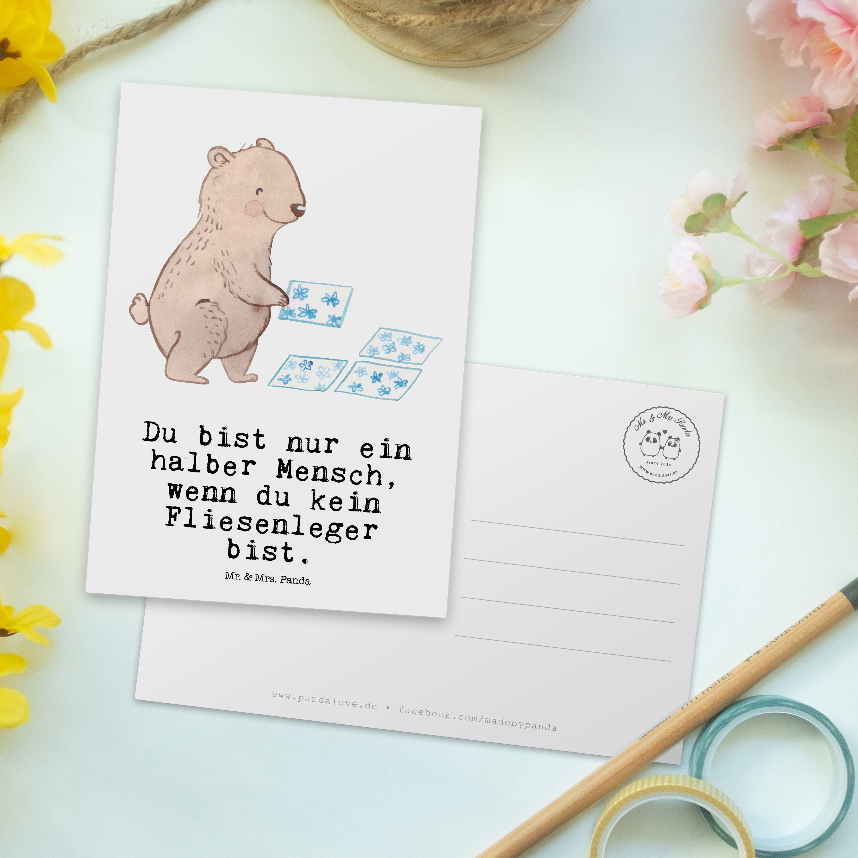 Mr. & Fliesenlege Panda Postkarte - Gesellenprüfung, Geschenk, - Mrs. Herz mit Fliesenleger Weiß