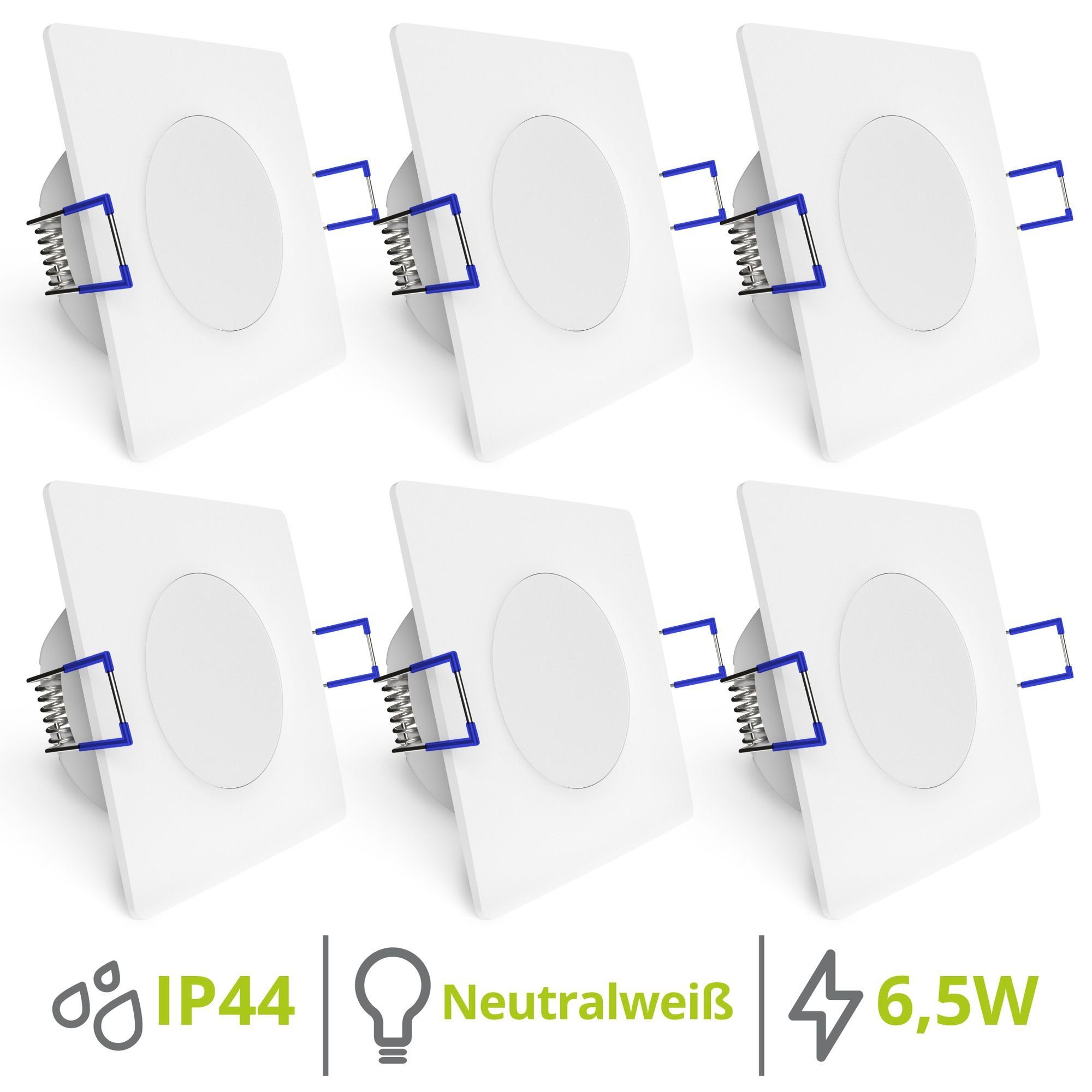 linovum LED Einbaustrahler weiss WEEVO verbaut, flache LED-Leuchtmittel Set verbaut 4000K 6er Einbauspots fest LED-Leuchtmittel Bad, fest 230V LED 6,5W eckig