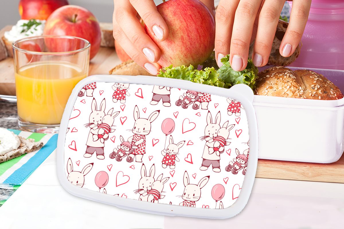 MuchoWow Lunchbox Kaninchen Kunststoff, Kinder Brotdose, (2-tlg), Mädchen - Jungs Muster, weiß - und für Brotbox Erwachsene, und Liebe für