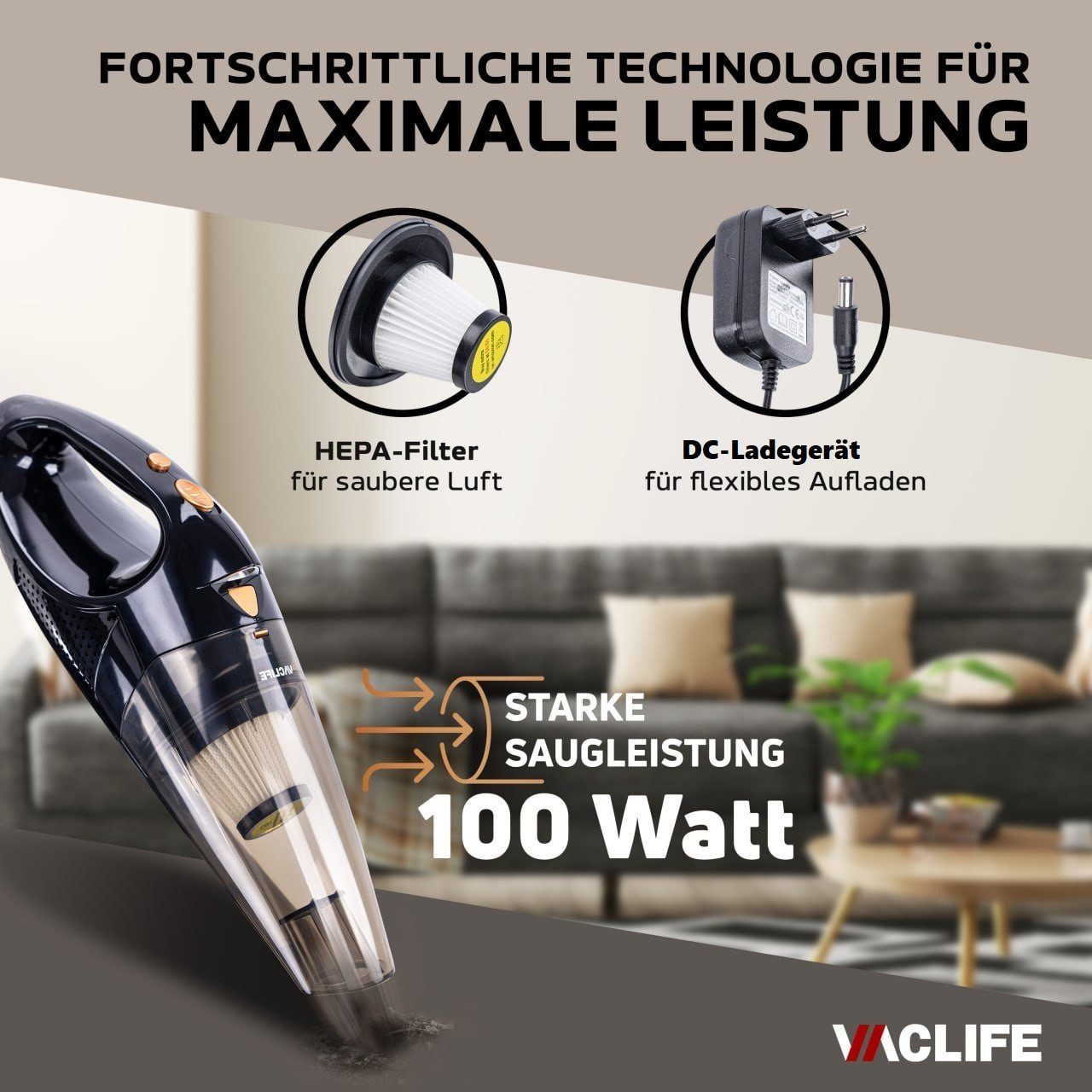 VACLIFE Akku-Handstaubsauger, 100,00 W, Beutellos, Kabellos, LED-Licht mit HEPA-Filter & Zwei Aufsätze