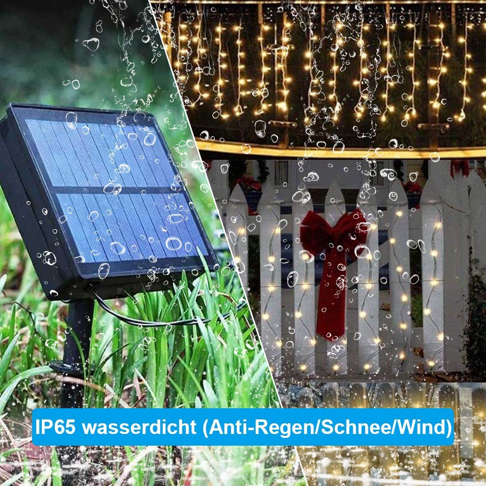 Rosnek LED-Lichtervorhang Solar,Wasserdichte,8 Terrasse Gärten mit Weihnachts Deko, Modi, Fernbedienung Timer,für