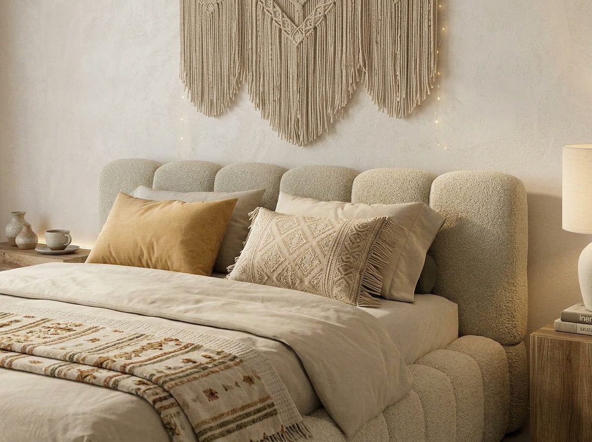 yourhouse24 Polsterbett Dallas Bouclé, angesagte Bubble-Optik (Bettgestell mit Bettkasten), Wolken-Design & Japandi