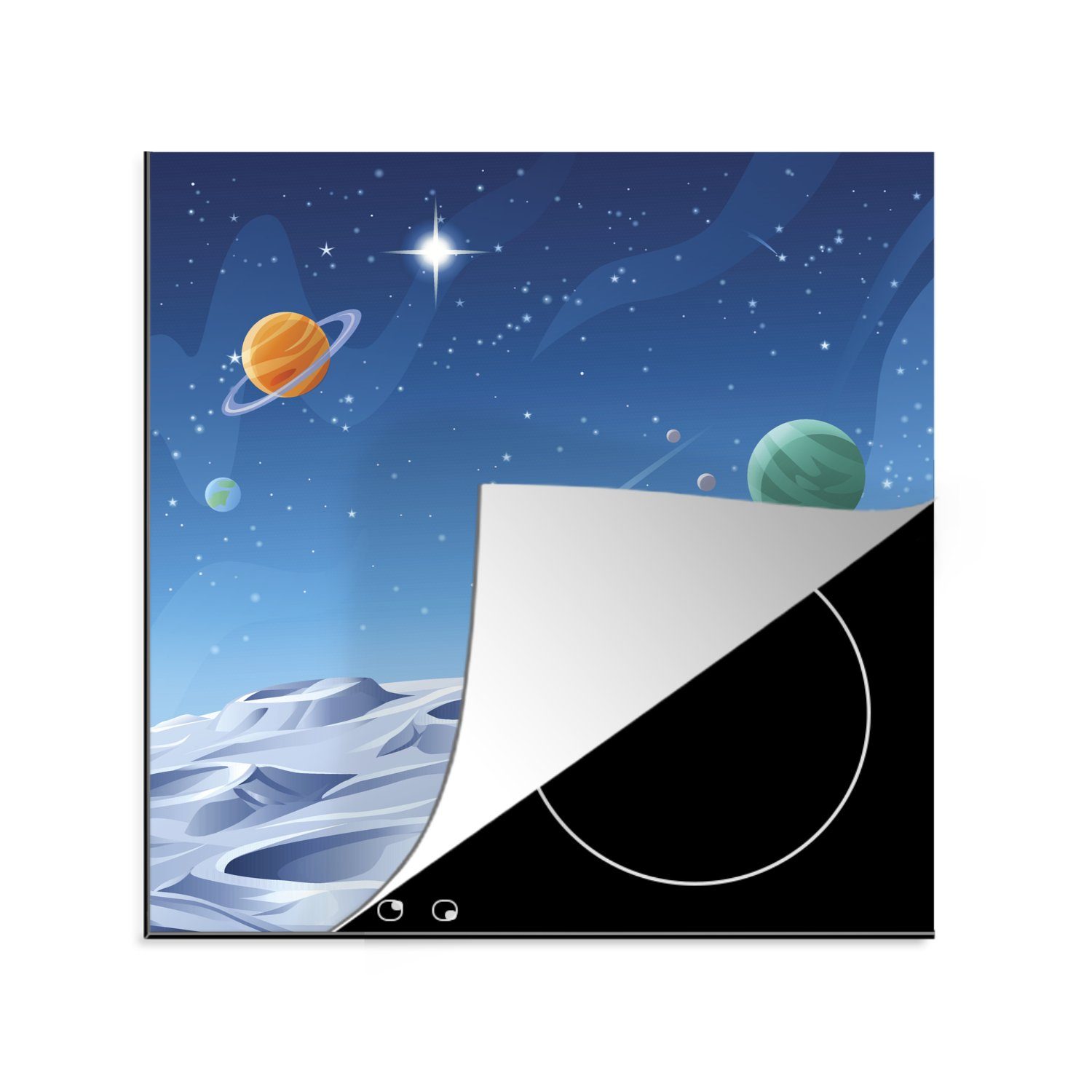 Eine den des (1 Herdblende-/Abdeckplatte MuchoWow 78x78 Planeten, Arbeitsplatte küche cm, für Mondes Ceranfeldabdeckung, tlg), Vinyl, zwischen Illustration