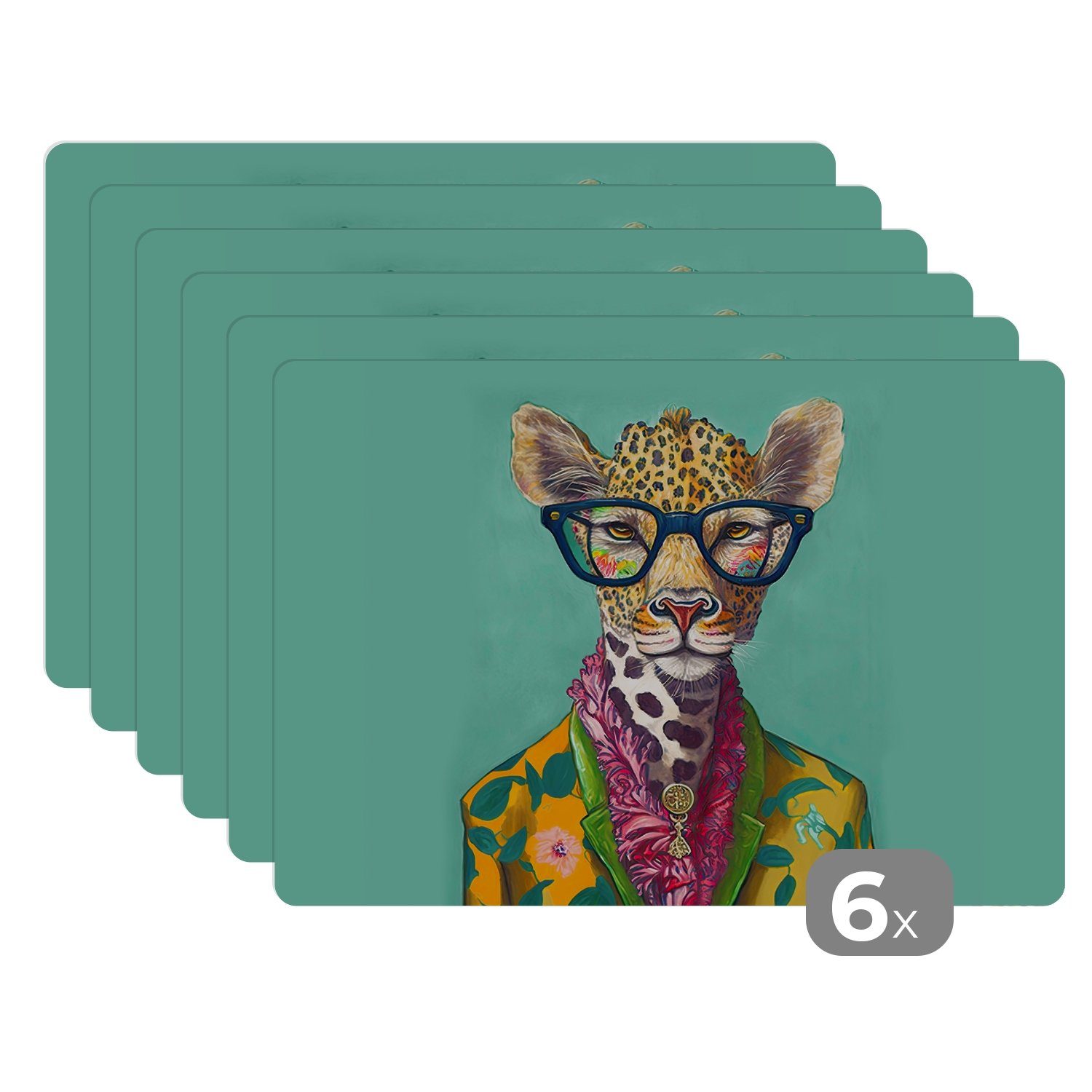 Platzset, Blätter - Brille Tischmatten, Giraffe Design, (6-St), Schmutzabweisend Tiere - - Platzset, - Platzmatte, MuchoWow, Platzdecken