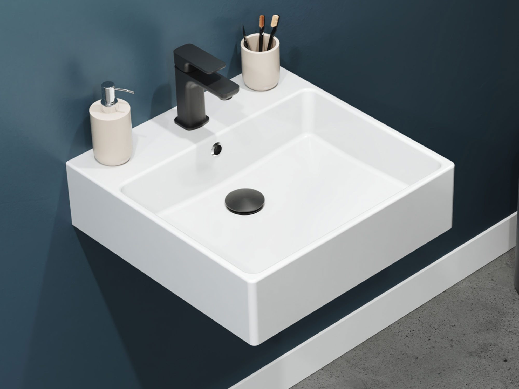 Aqua Bagno Waschbecken Keramik 50cm, Badezimmer Waschtisch, weiß, wandhängend (Keramikwaschbecken, großer Waschplatz, mit Hahnlochbohrung), Hängewaschbecken mit Überlaufschutz